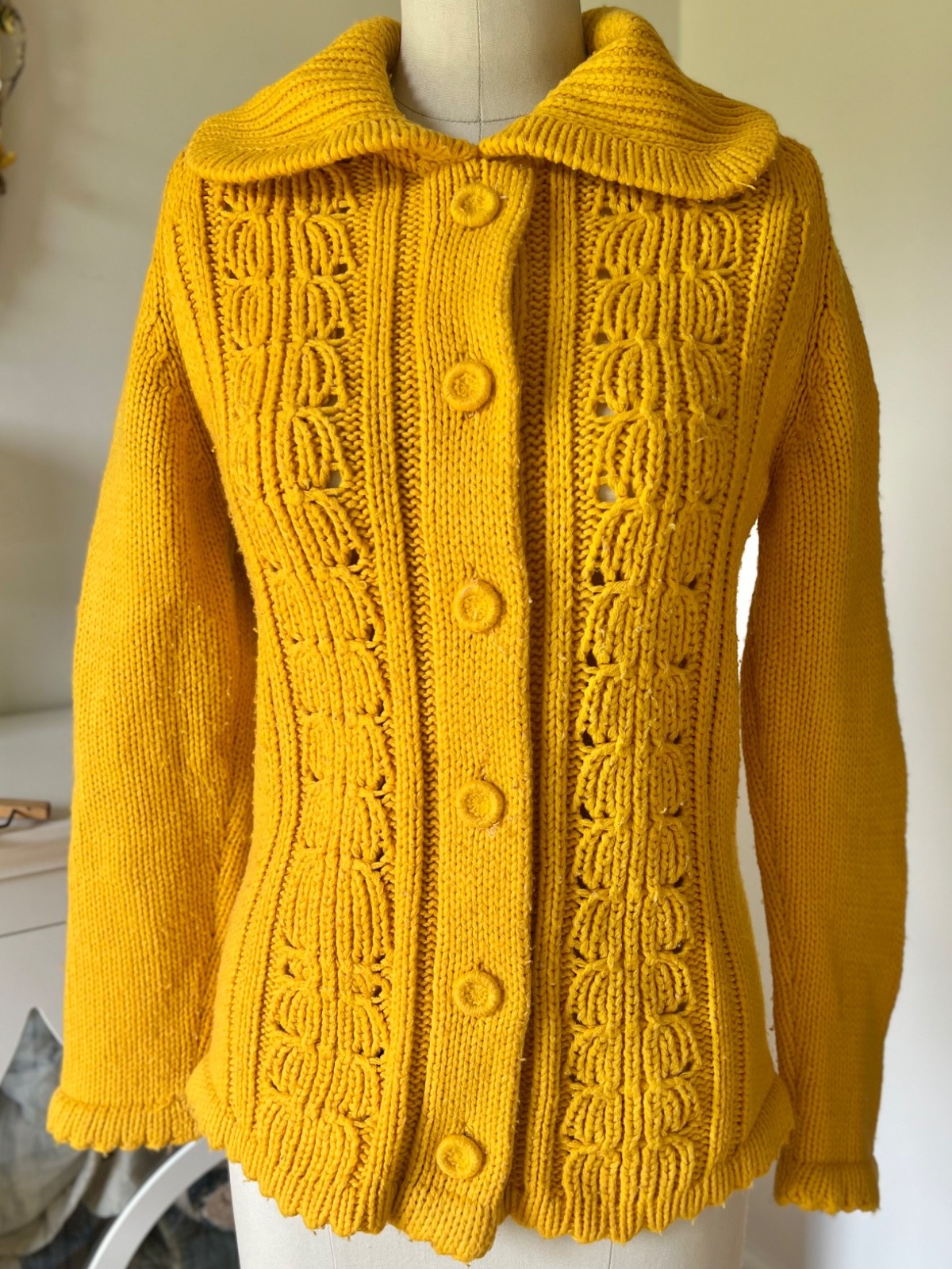 Vintage Hand Knit Mustard Yellow Button Up Sweater Chunky Cardigan