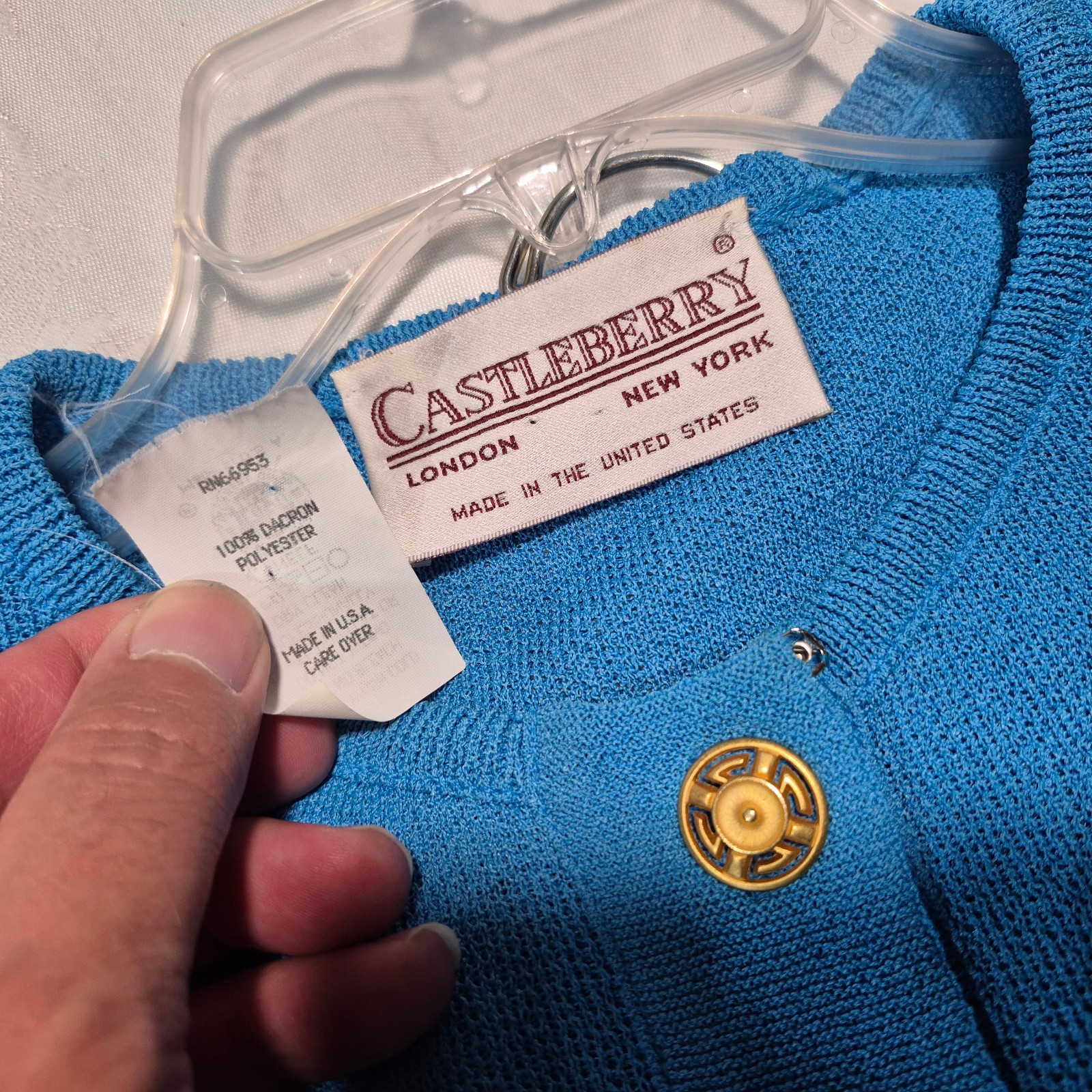 Vtg Castleberry Knit Skirt Suit Set Womens 14 Royal Blue Gold Button 80s MINT