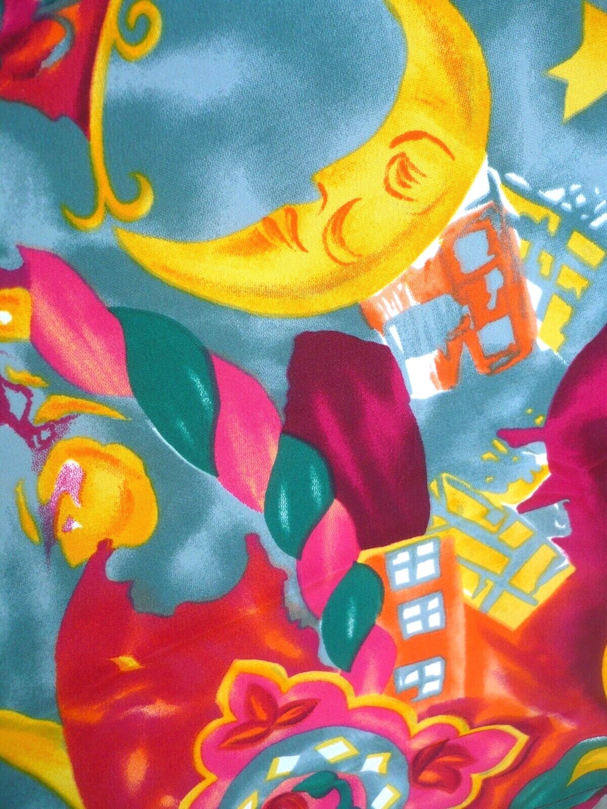 VTG 80 CAMILLE CLAUDEL P M L BRIGHT COLORFUL FLORAL BOXY MOON STARS BLOUSE WOMEN