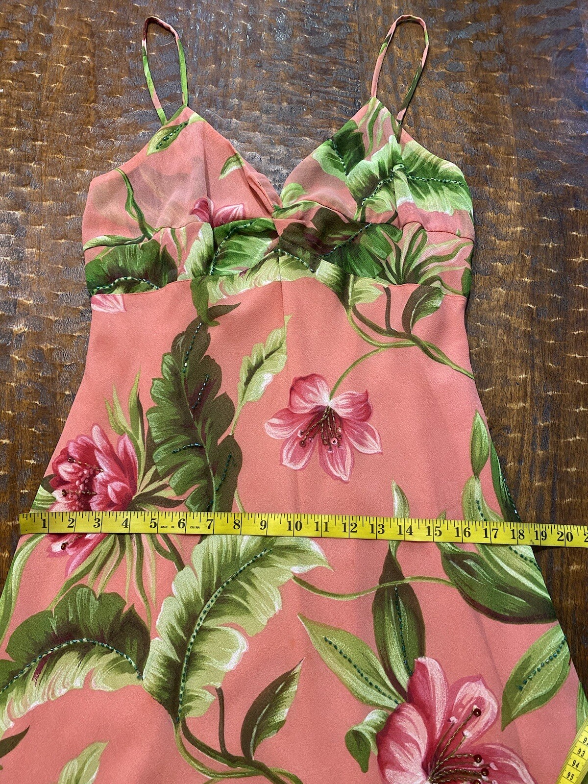 80s Vintage Pink Floral Rag Beaded Sleeveless Dress XL