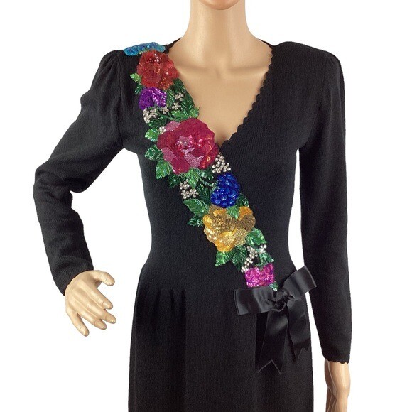 Don Sayres for Wellmore Vintage 80s Beaded Floral Mob Wife Dress Black 6
