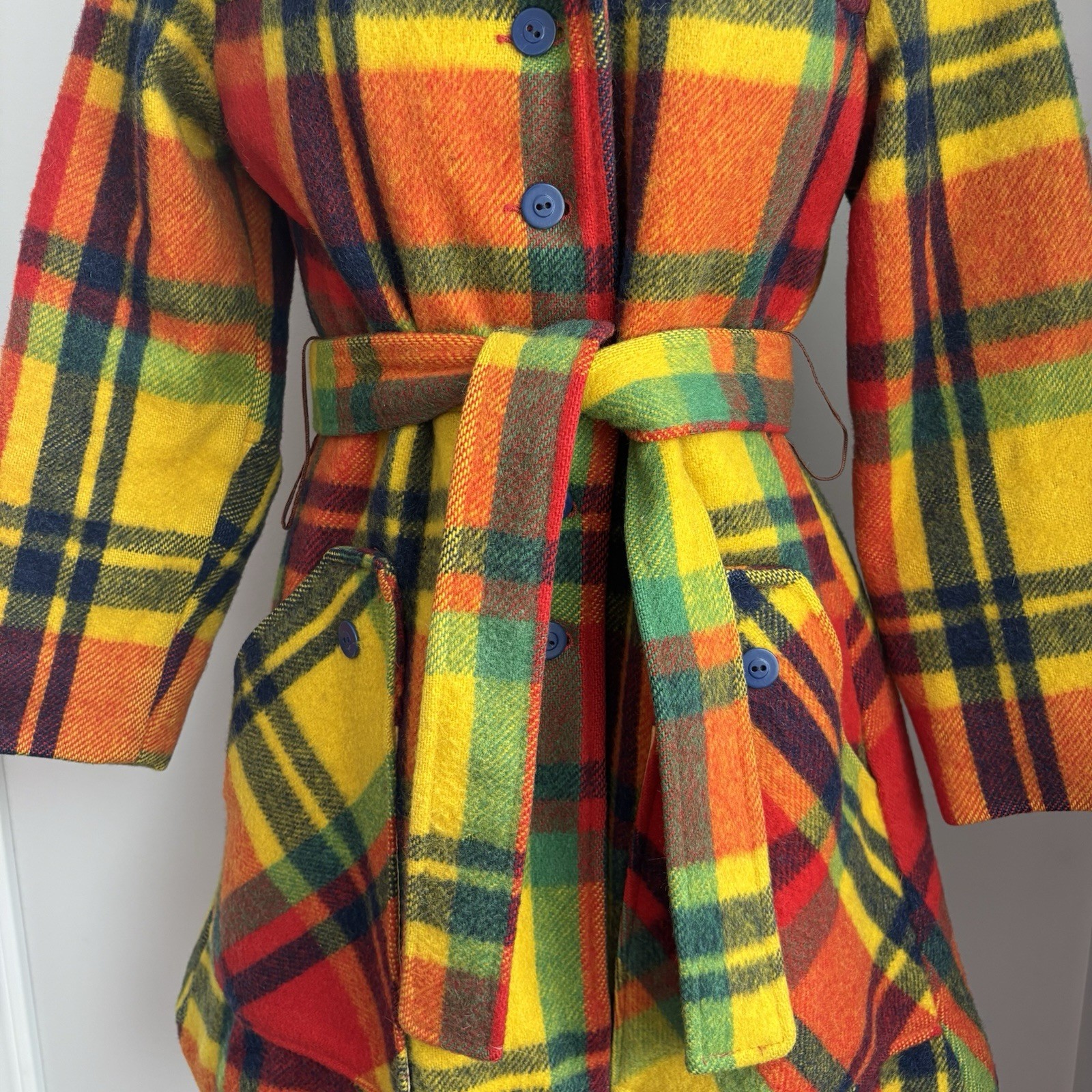 Vintage 1970’s Rainbow Plaid Belted Wool Coat w/ pockets Size XS