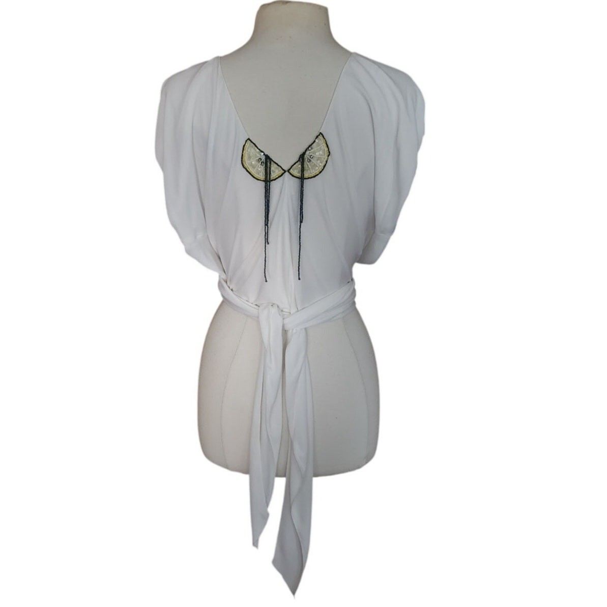 Vintage 1980s Holly Harp Top or Tunic Silk Jersey Fruit Sequins Beaded Fringe