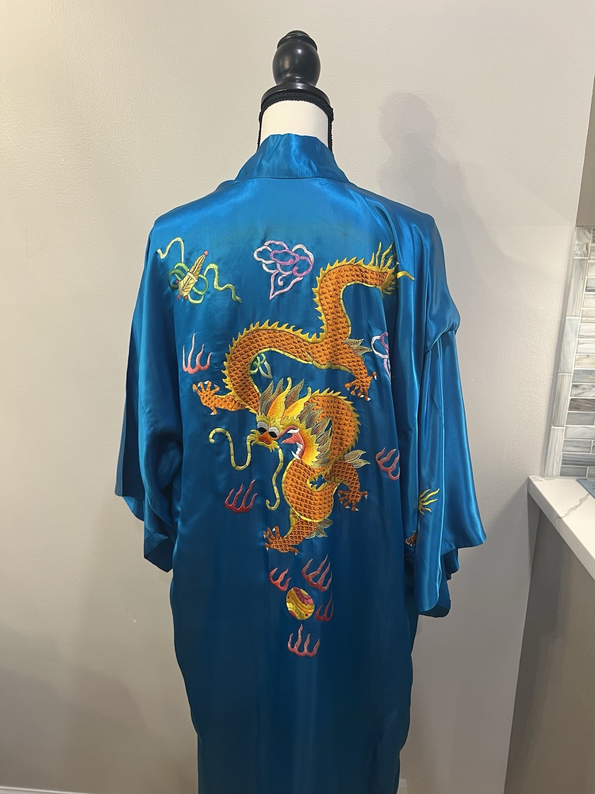 VTG EUC Golden Deer Blue Satin Robe with Dragon Embroidery pure silk SZ M