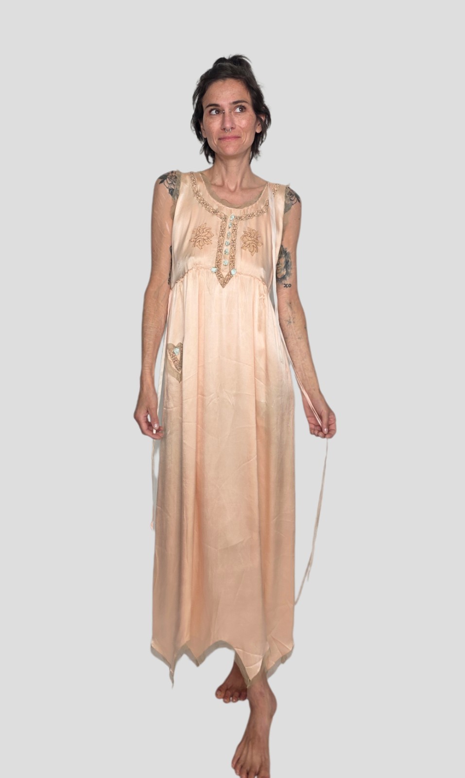 1920s Peach Silk Nightgown | Antique Silk Slip Dress | Flapper Era Lingerie…