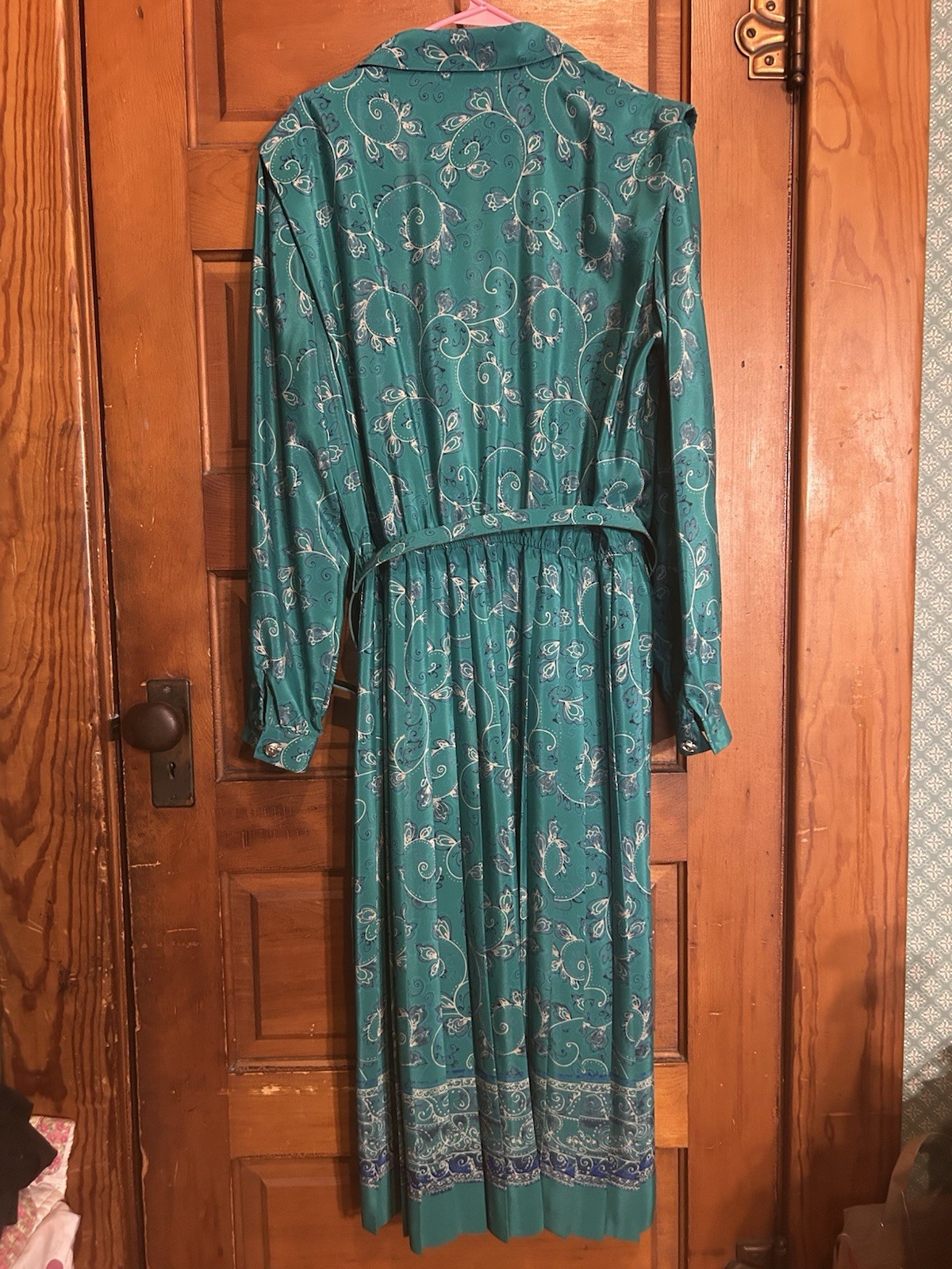 VTG 80s Leslie Fay Secretary Dress Sz 16 Long Sleeve Pleated Midi Green Paisley