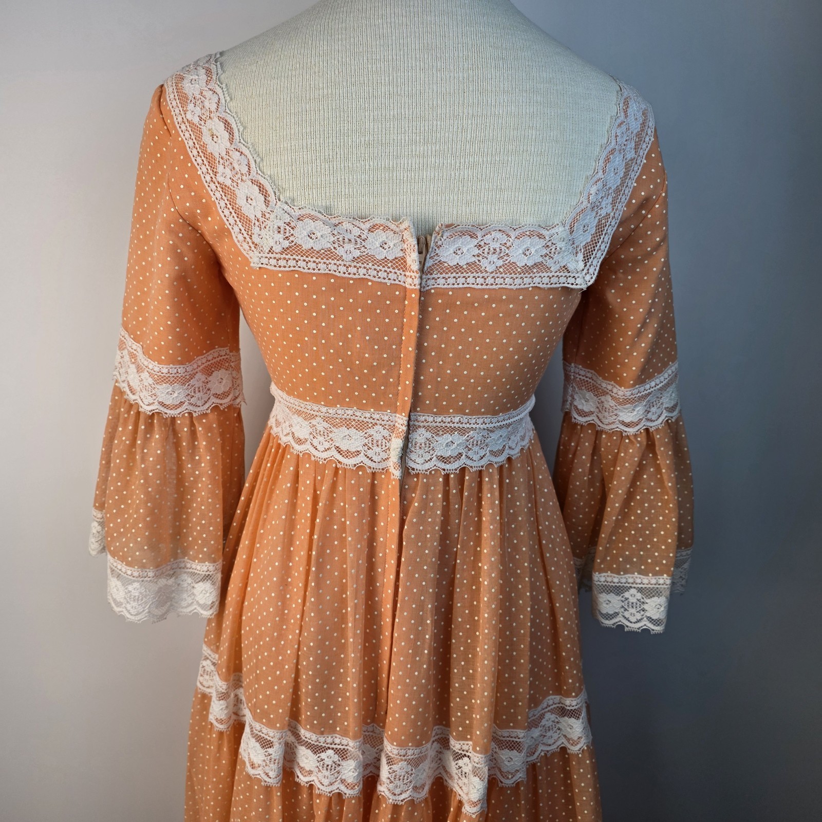 Nadine VTG 1970s Peach Polka Dot Lace Maxi Dress 7 Bell Sleeve Empire Waist