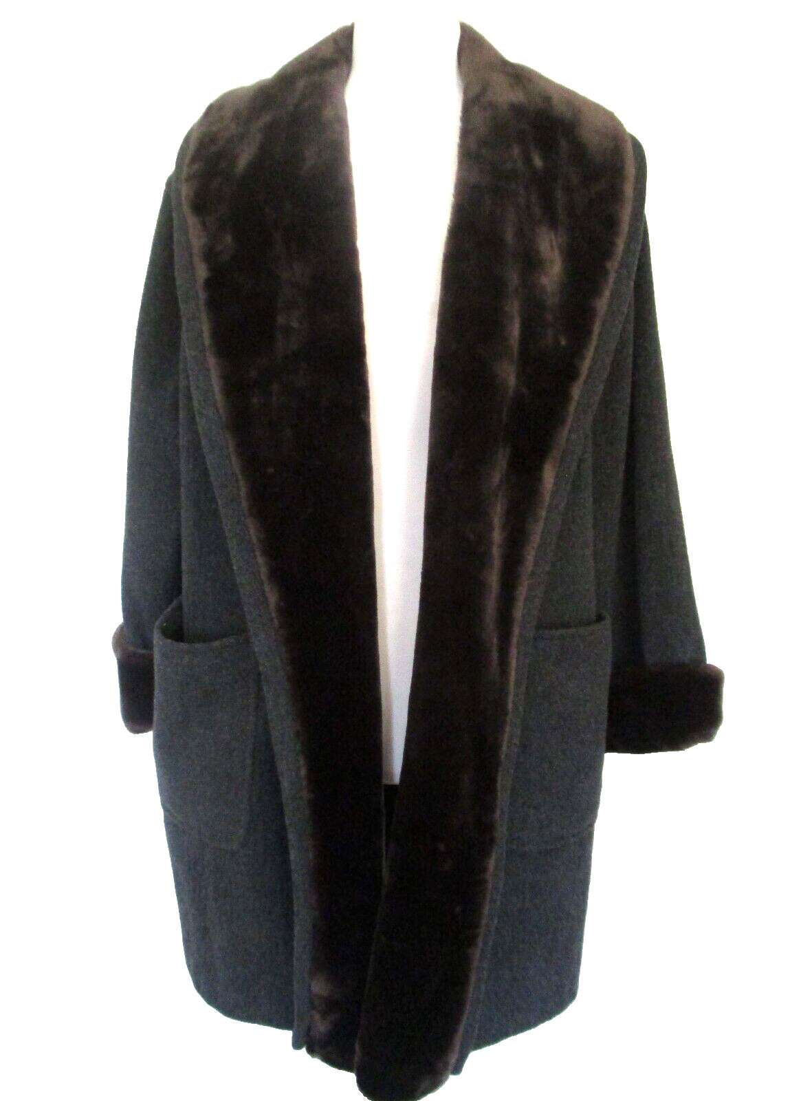 Vintage The Limited Gray Wool Blend Coat XS Women Brown Faux Shearling Fur Trim