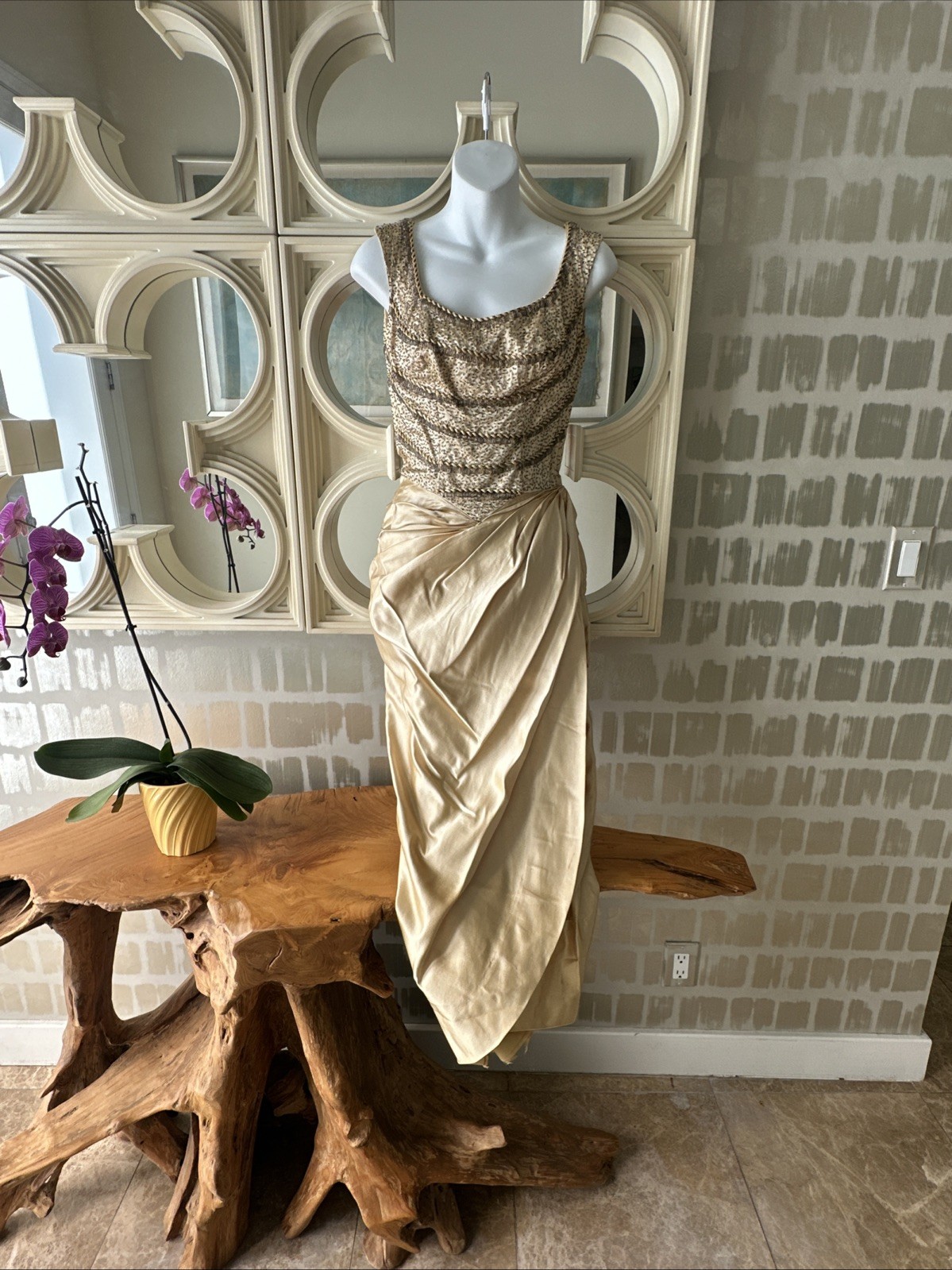 Ceil Chapman 50s Patented Champagne Gold Satin & Beaded Bustier Sarong Gown XS