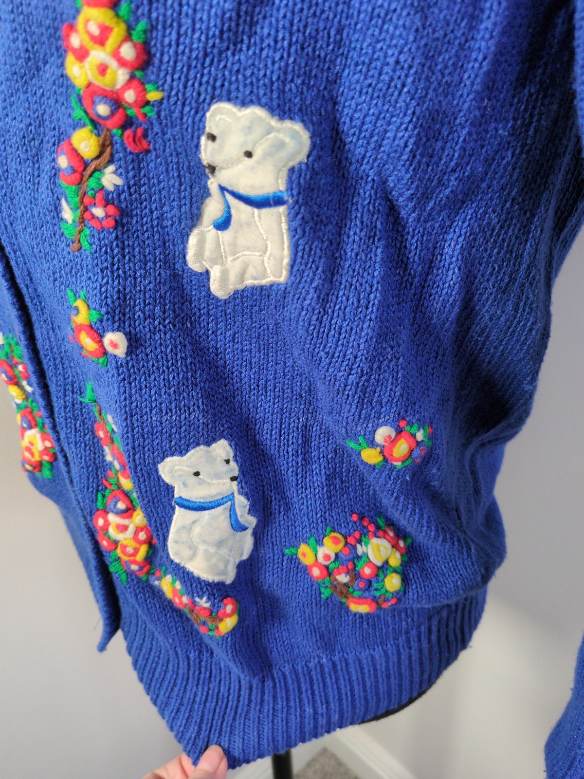 Vintage Margules Knit Cardigan Blue With Floral Embroidery, White Bears Women M