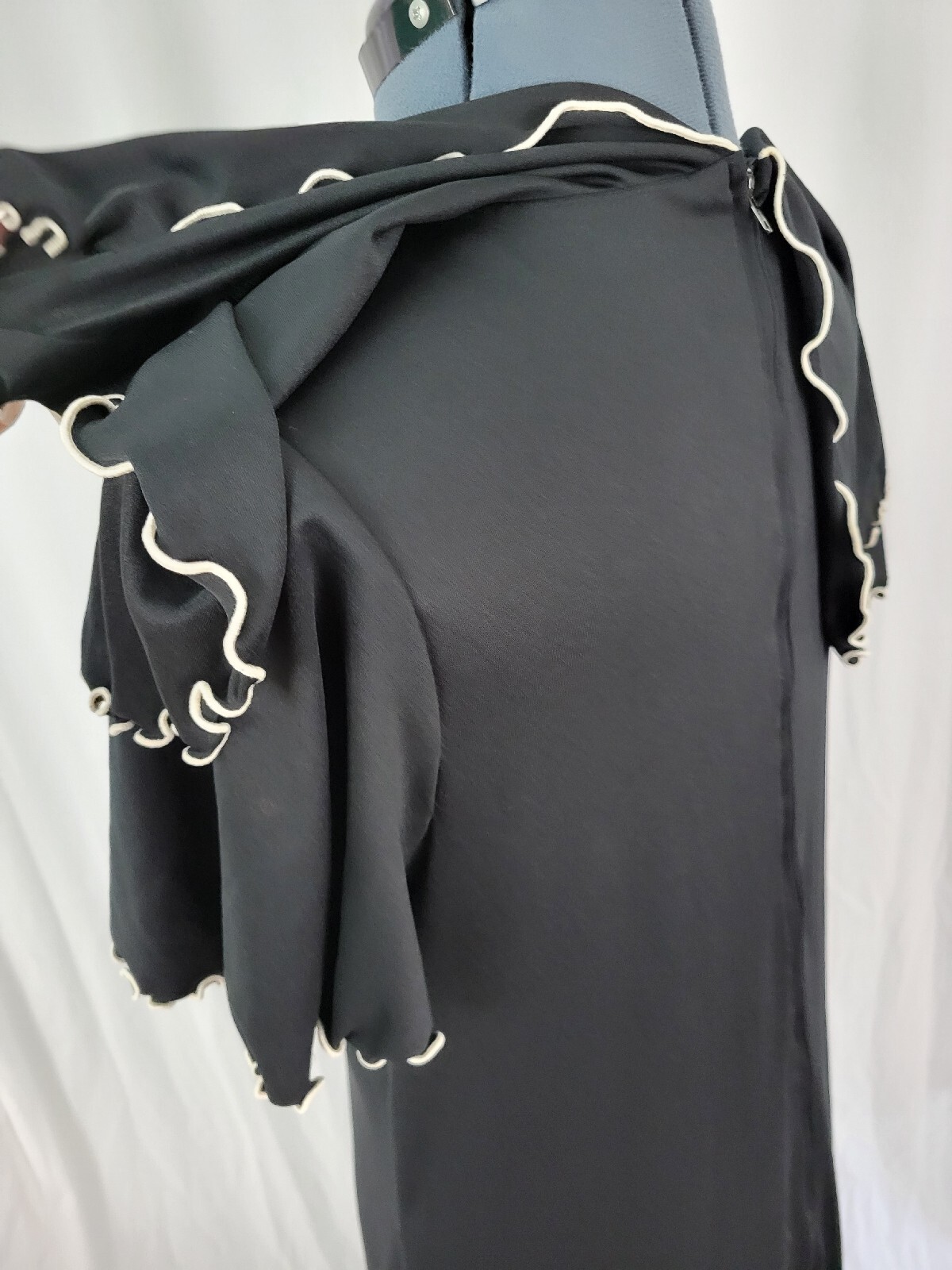Vintage Black Dress w Shawl Collar Cream Piping Accent Size 14