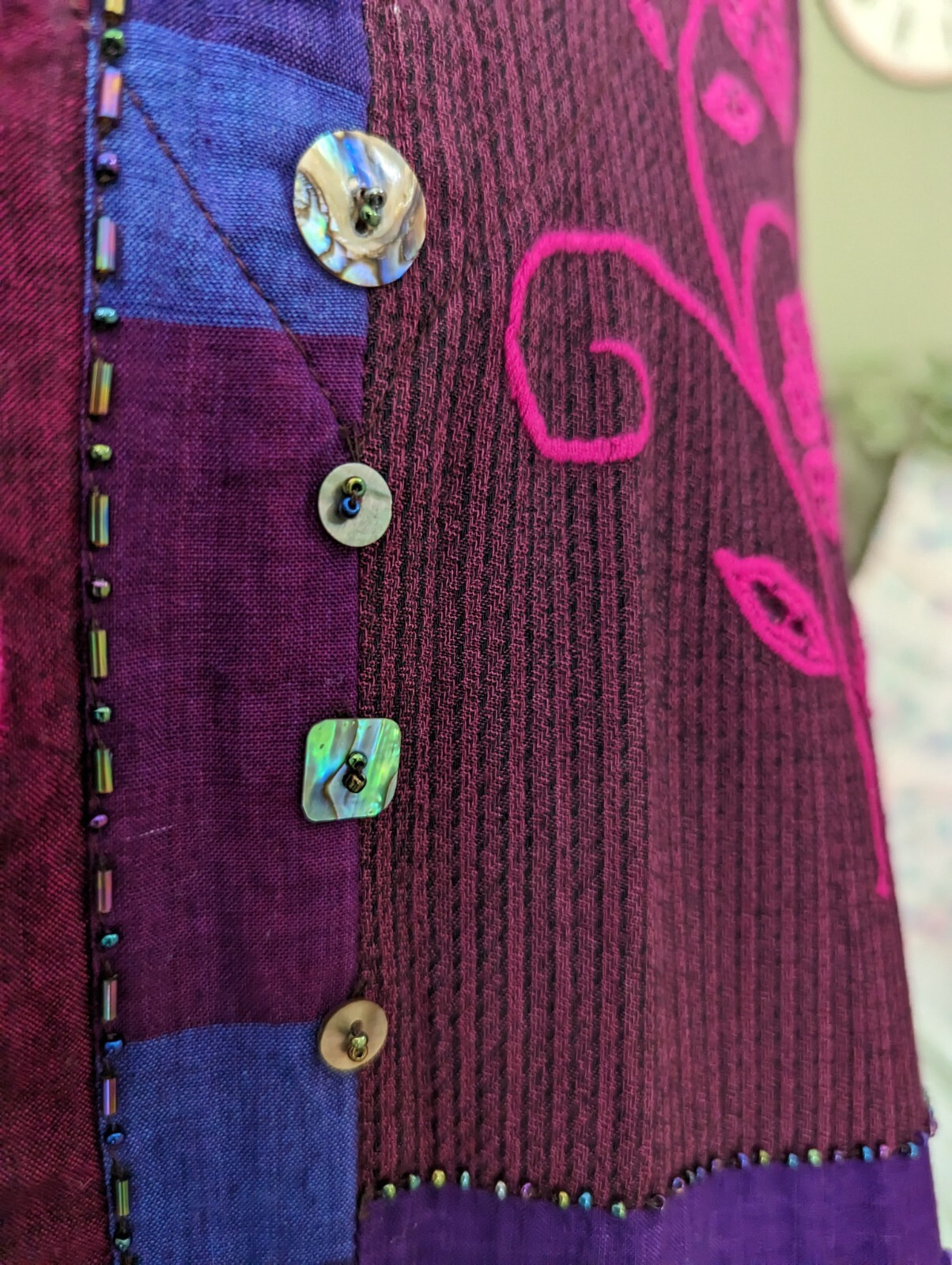 VTG LONG DRESS/ROMPER w/Diff. Fabrics-Embr-Beads-Mother of Pearl Accents-size L