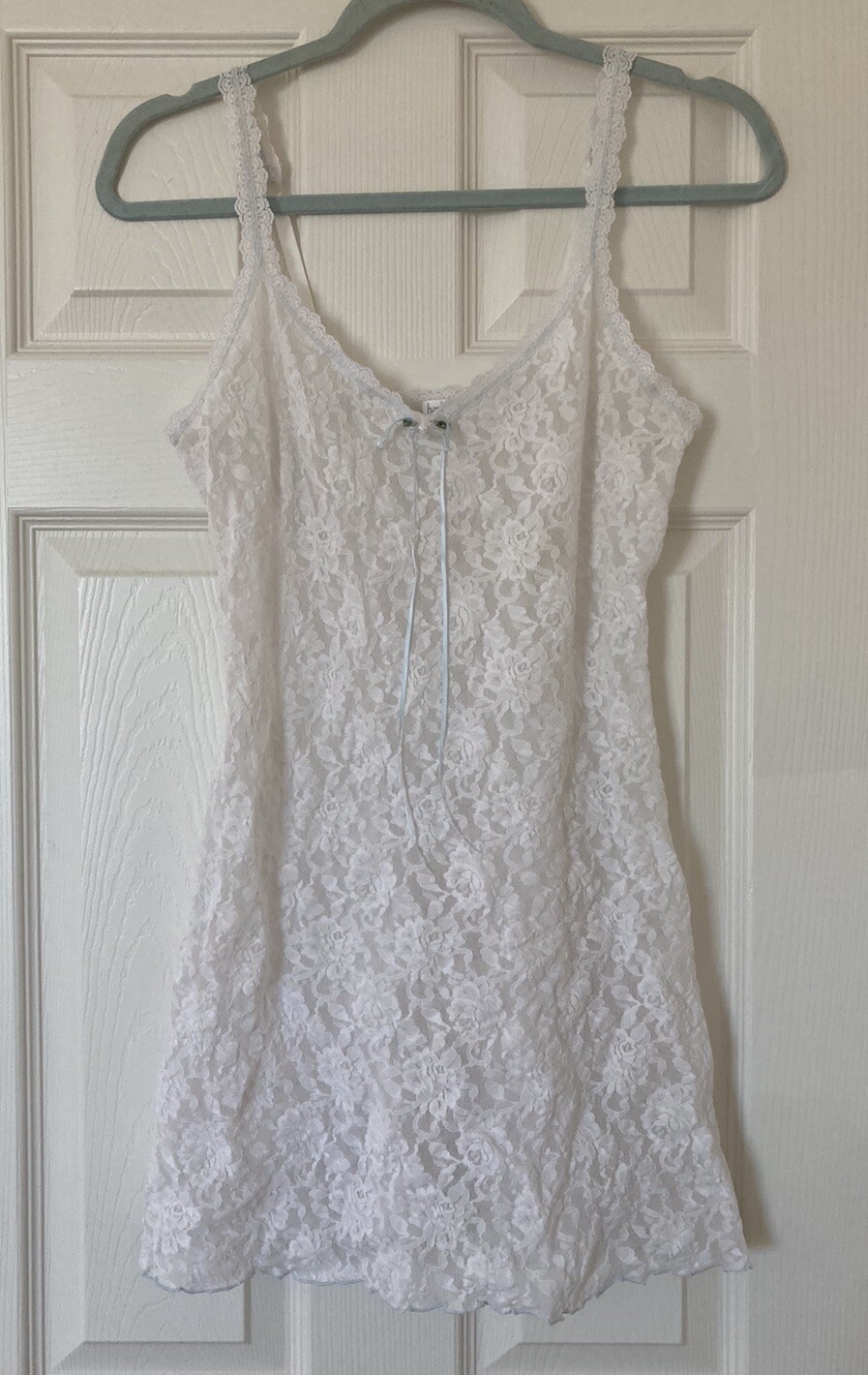 Vintage Hanky Panky Nightgown S White Blue Ribbon Accent Bridal Coquette Y2K 90s