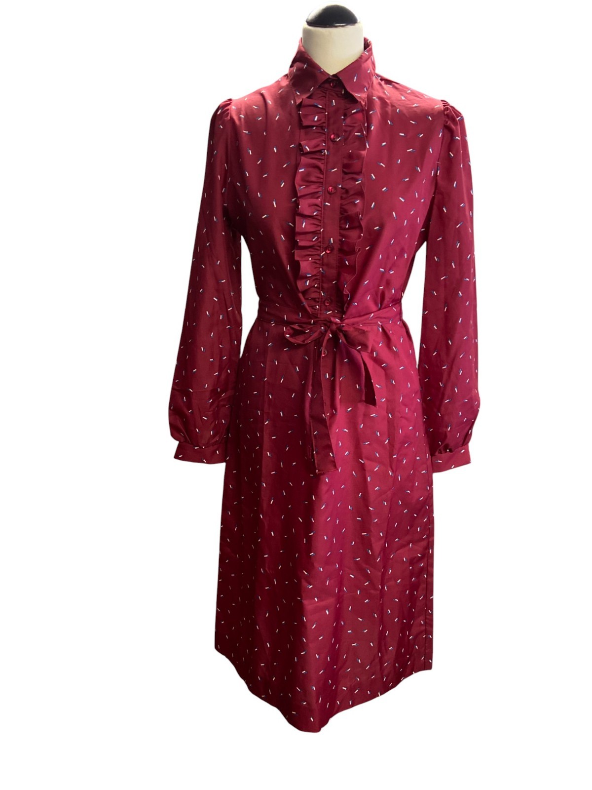 Women’s 70s Vintage feminine dress in a Bordeaux print with ruffles | Size S