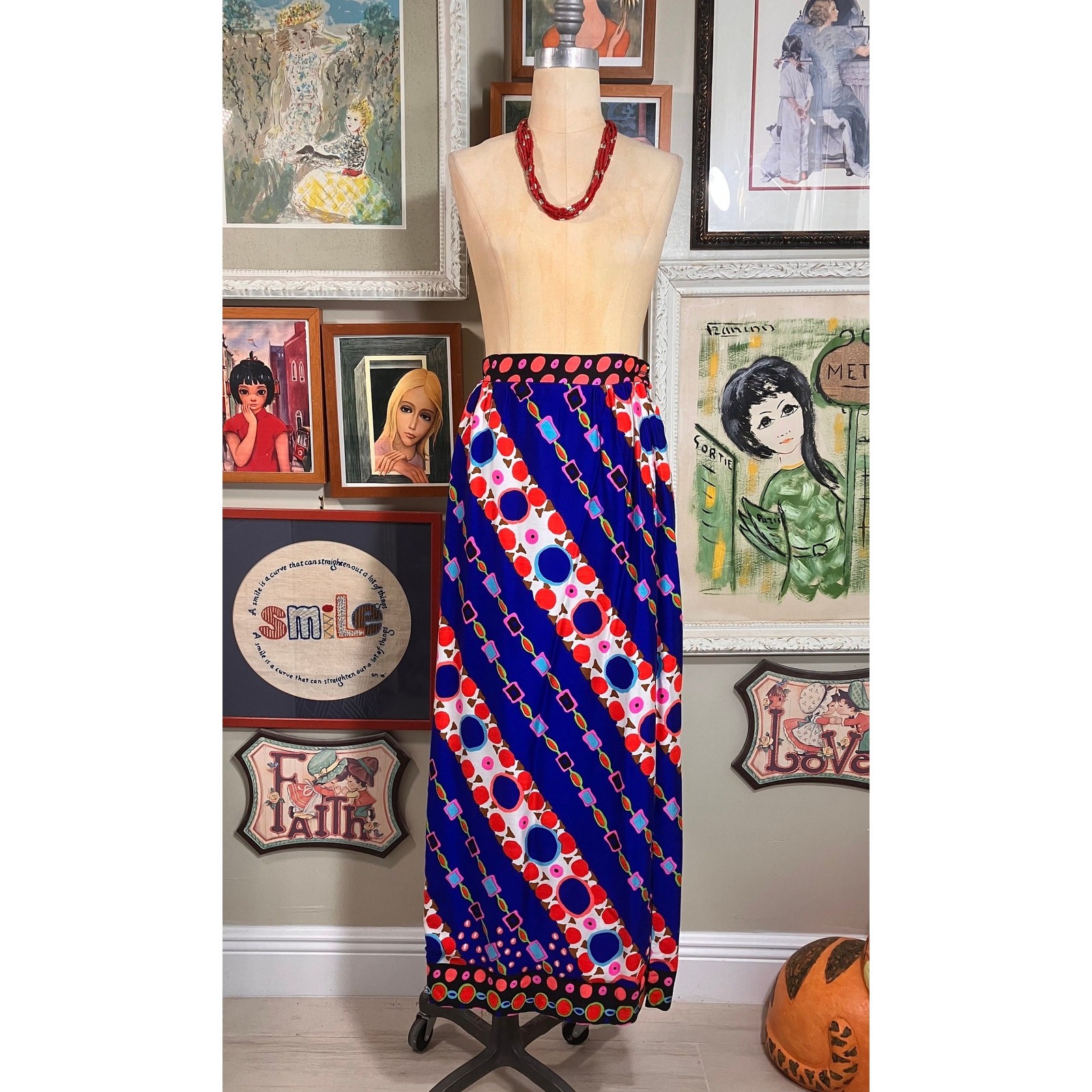 Vintage 1960s Alex Colman Maxi Skirt Polished Cotton Abstract Print Small
