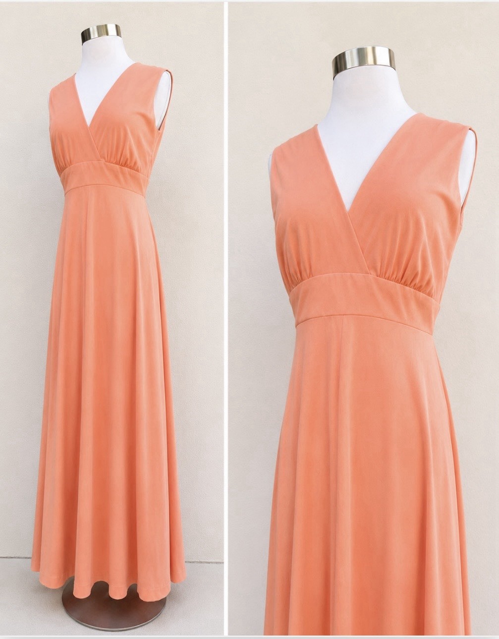 VTG 70s Union Made ILGWU Peach Sleeveless Empire Waist Maxi Dress VTG 14