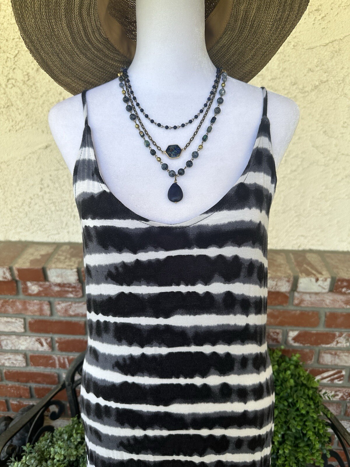 Vintage Alloy Apparel Tie Dye Maxi Dress; Black/Off White Stripe W/Spag Straps