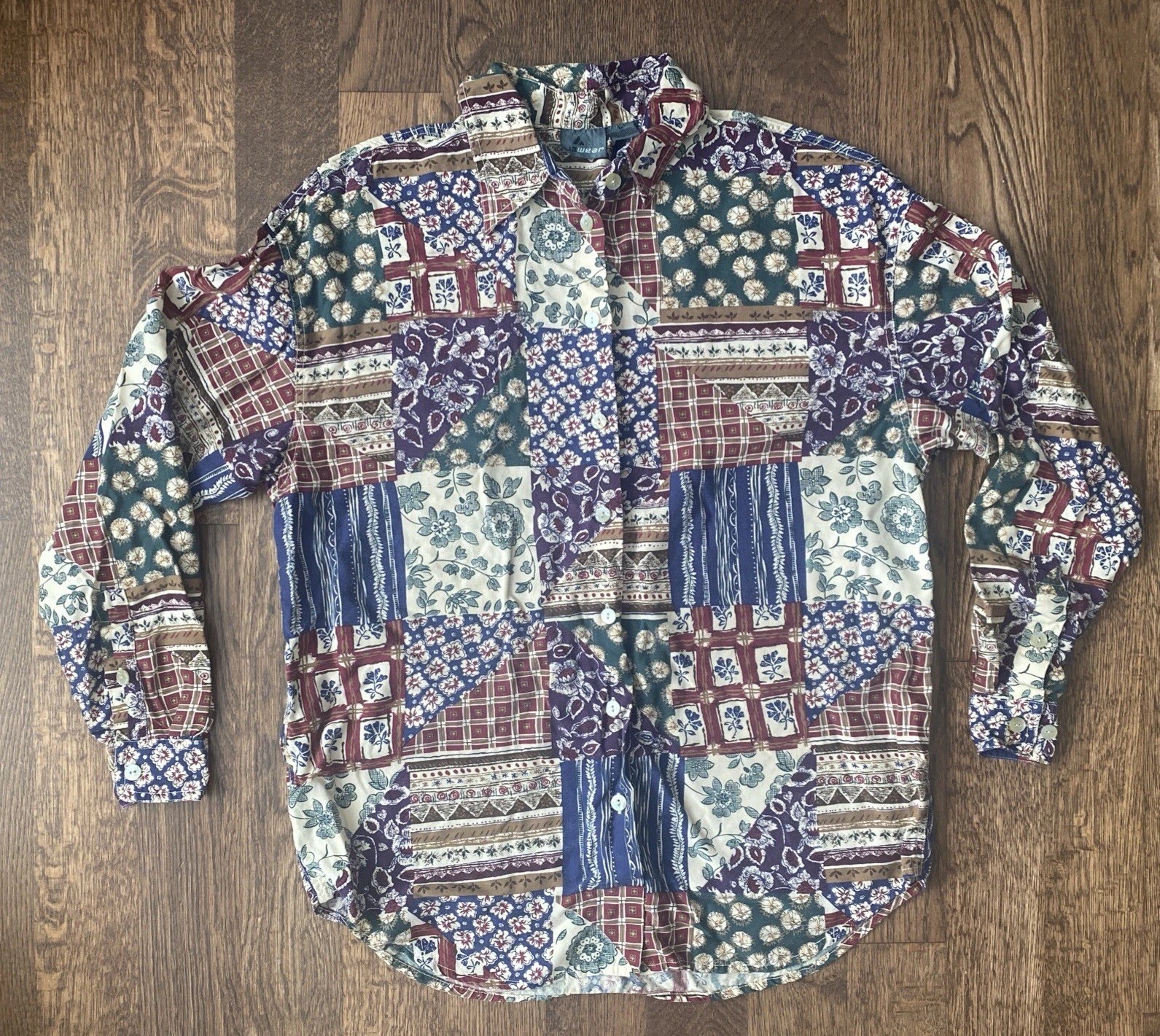 Vtg 90s Patchwork Rayon Button Shirt Women’s Medium LizWear Grandma Core Boho
