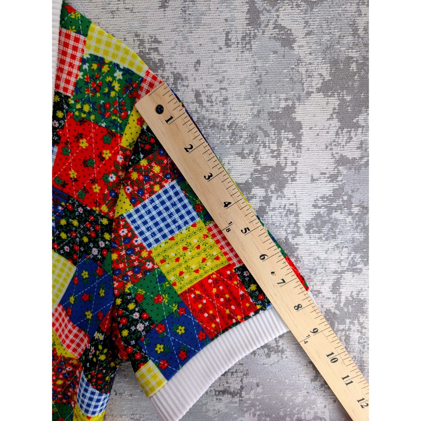 Vtg Crest Patchwork Quilt Print Collared Short Sleeve Tunic Top Pockets Large