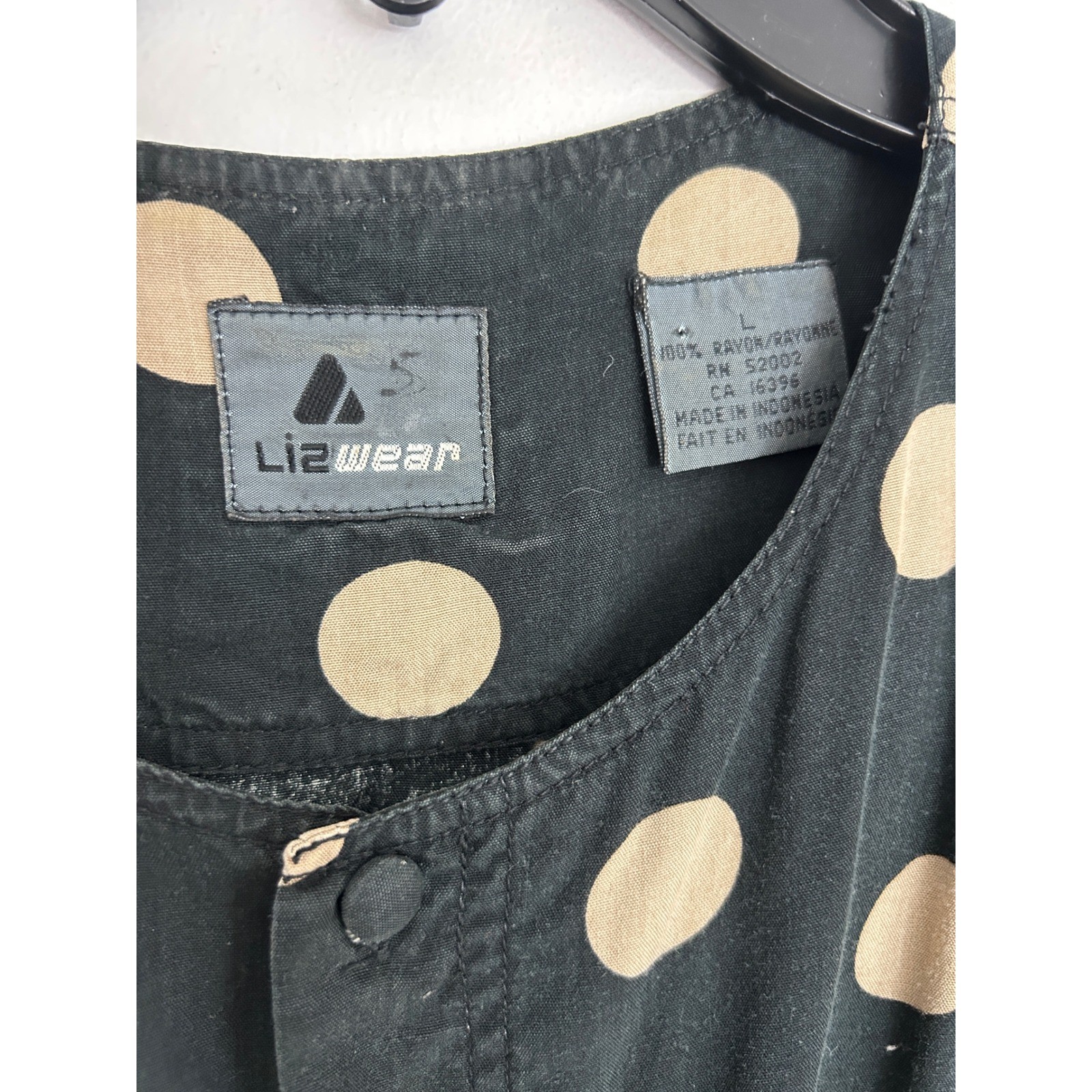 Lizwear Vintage Polka Dot Rayon Button Down Shirt Black Tan Large Short Sleeve