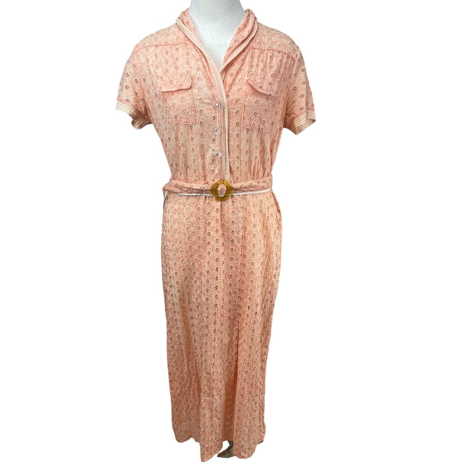 Vintage Womens (M/L) 50s Peach Eyelet Dress Boho Prairie Buttons Western Sheer