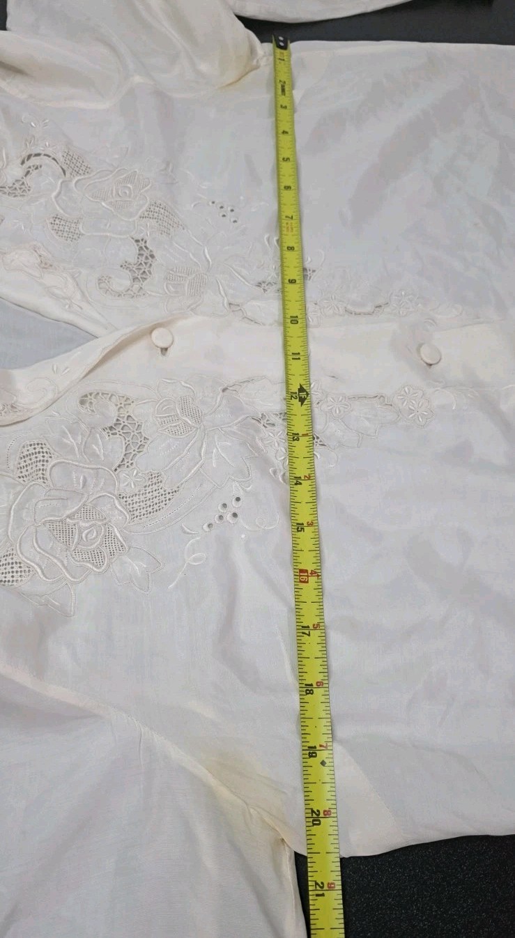 Vintage 70s Silk Hand Embroidered Cut Out Lace Blouse Boho Victorian Ivory