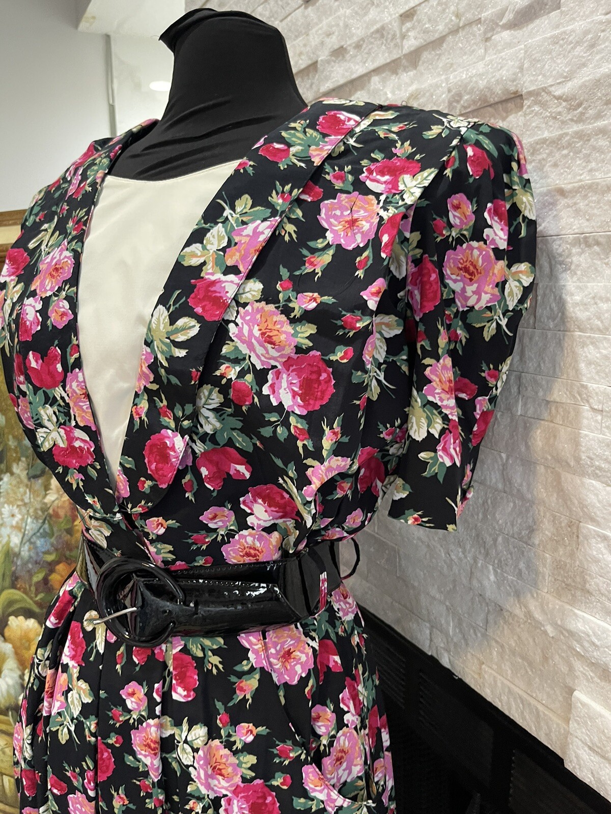 VTG 80s Cottage Core Trad Wife Floral Party Belted Day Dress Modest Size 1