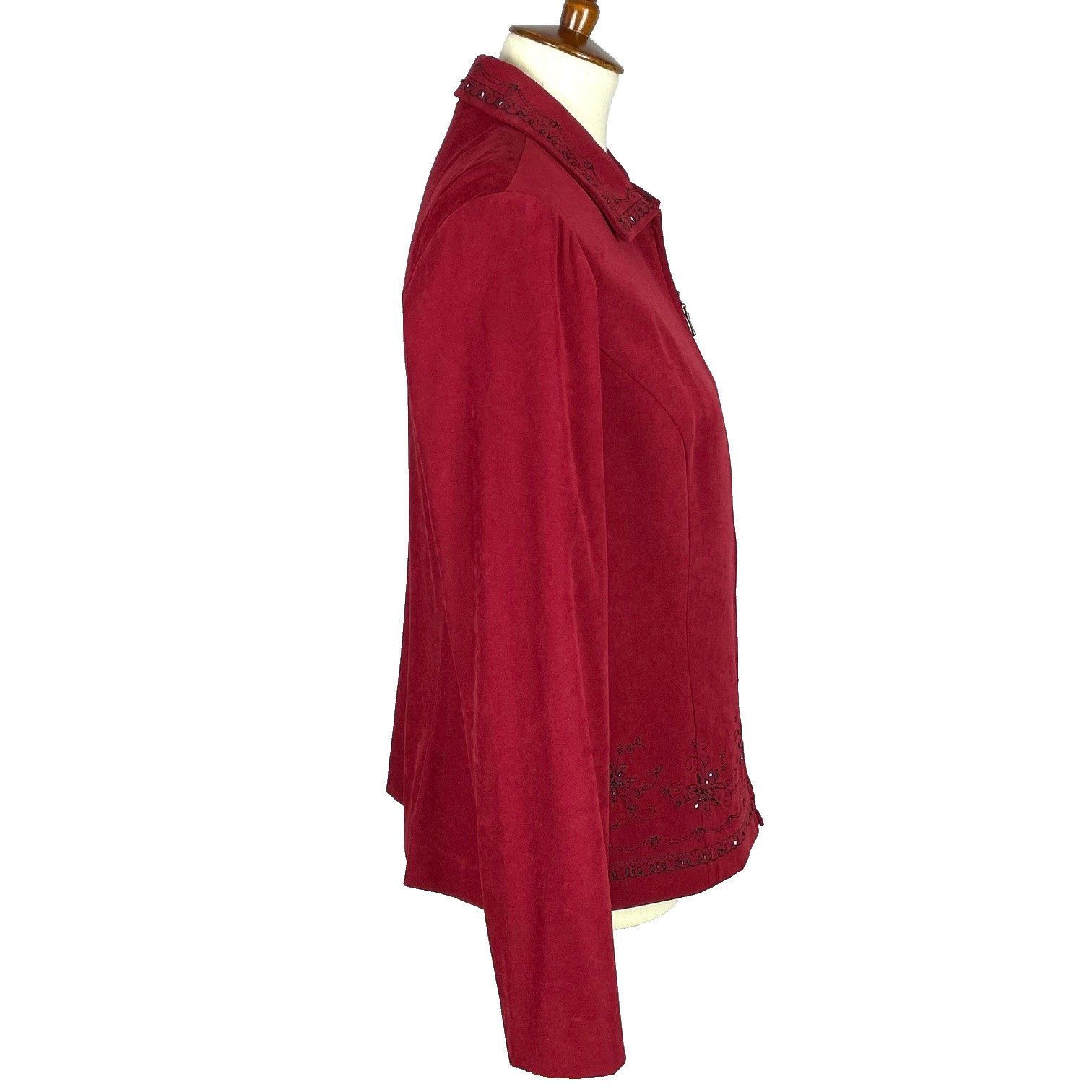 Vtg 80s 90s Studio I Faux Suede Full Zip Blazer Sz 12 Red Beaded Embroidery