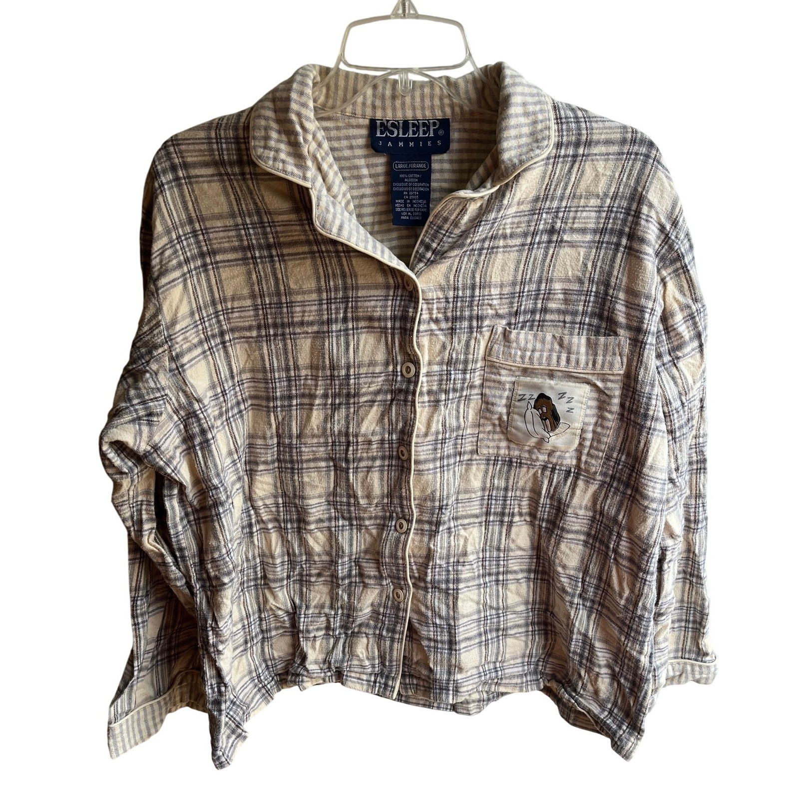 Vintage 90s ESLEEP Jammies Plaid Soft Cotton Flannel Top with Retro Cartoon Dog