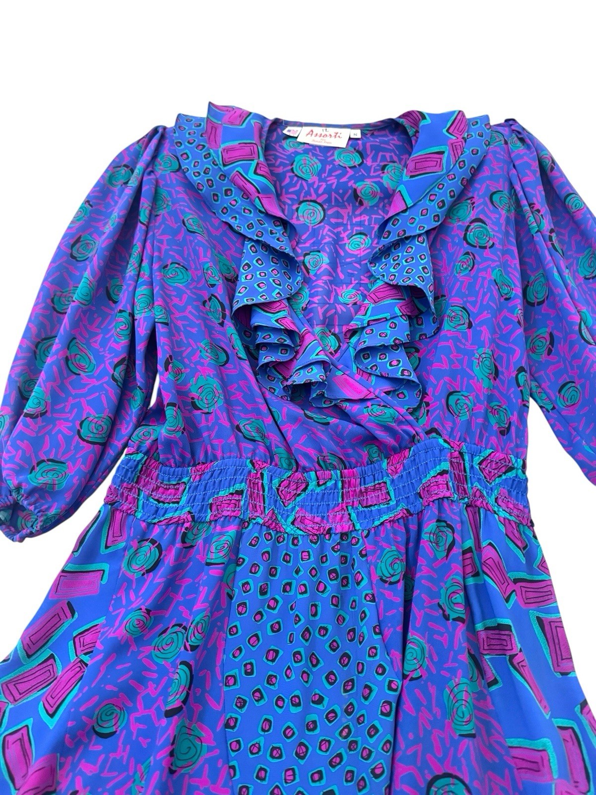 Vtg 80s Susan Freis Dress Sz S/M Magenta Purple Floral Puff Sleeve Garden Party