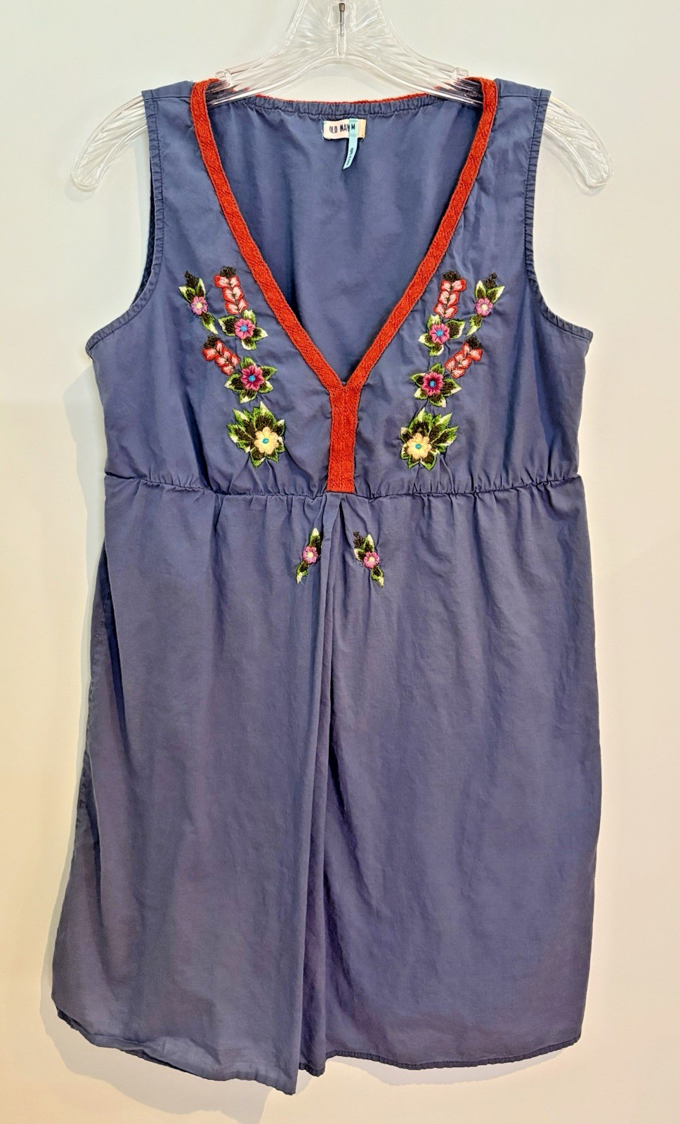 Boho VTG Old Navy Embroidered Flowers Blue Dress w/ Orange Trim Cotton MED