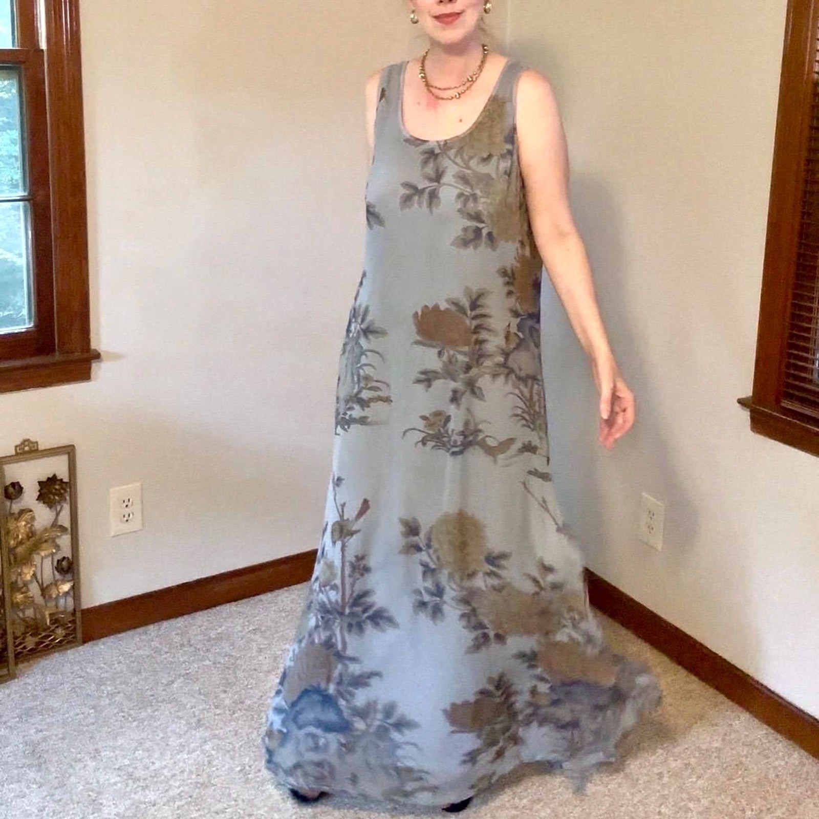 Vtg 90s Citron Santa Monica Silk Floral Maxi Dress Pale Blue Floaty Romantic M