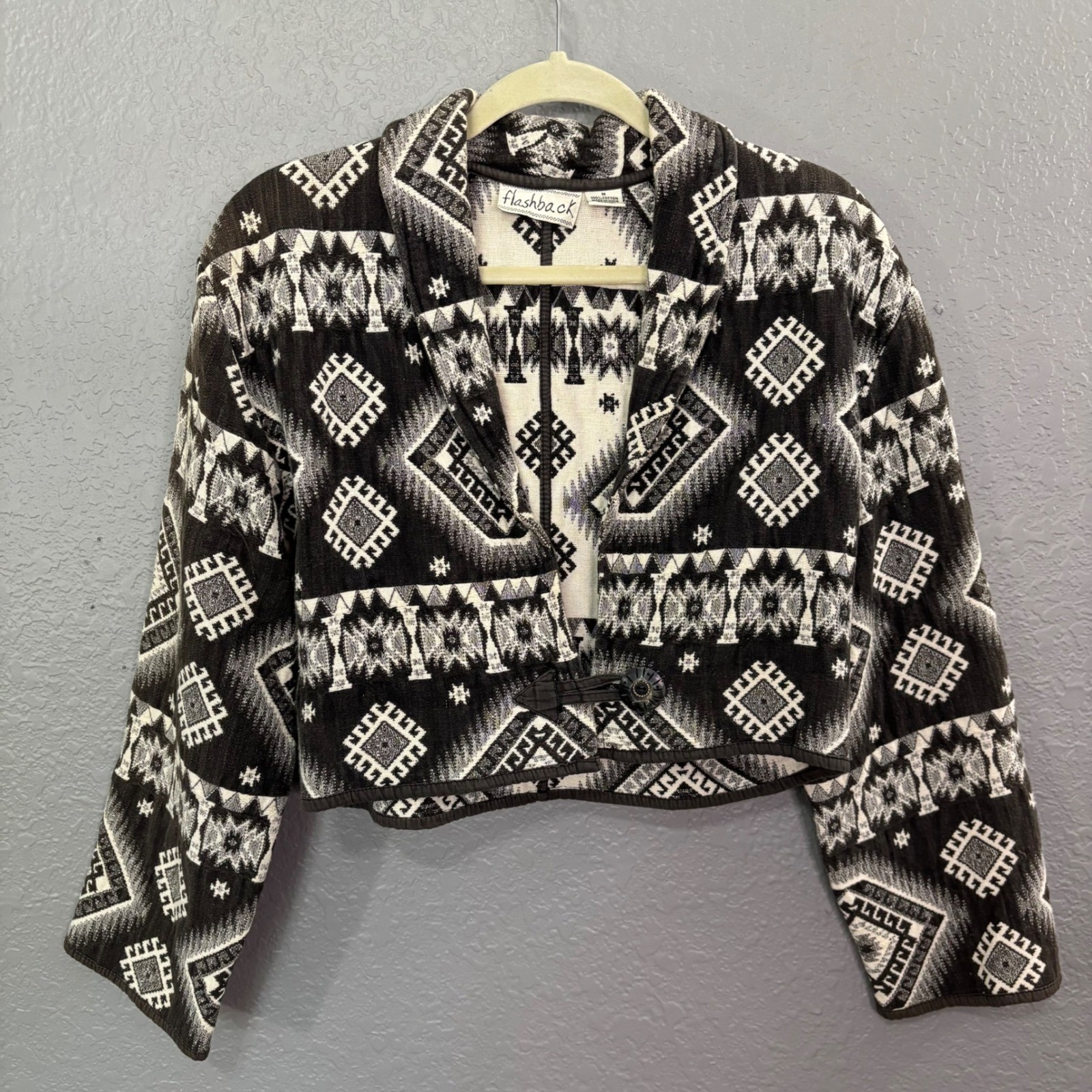 Flashback Vintage Southwestern Tribal Cropped Jacket Black White Cotton Medium