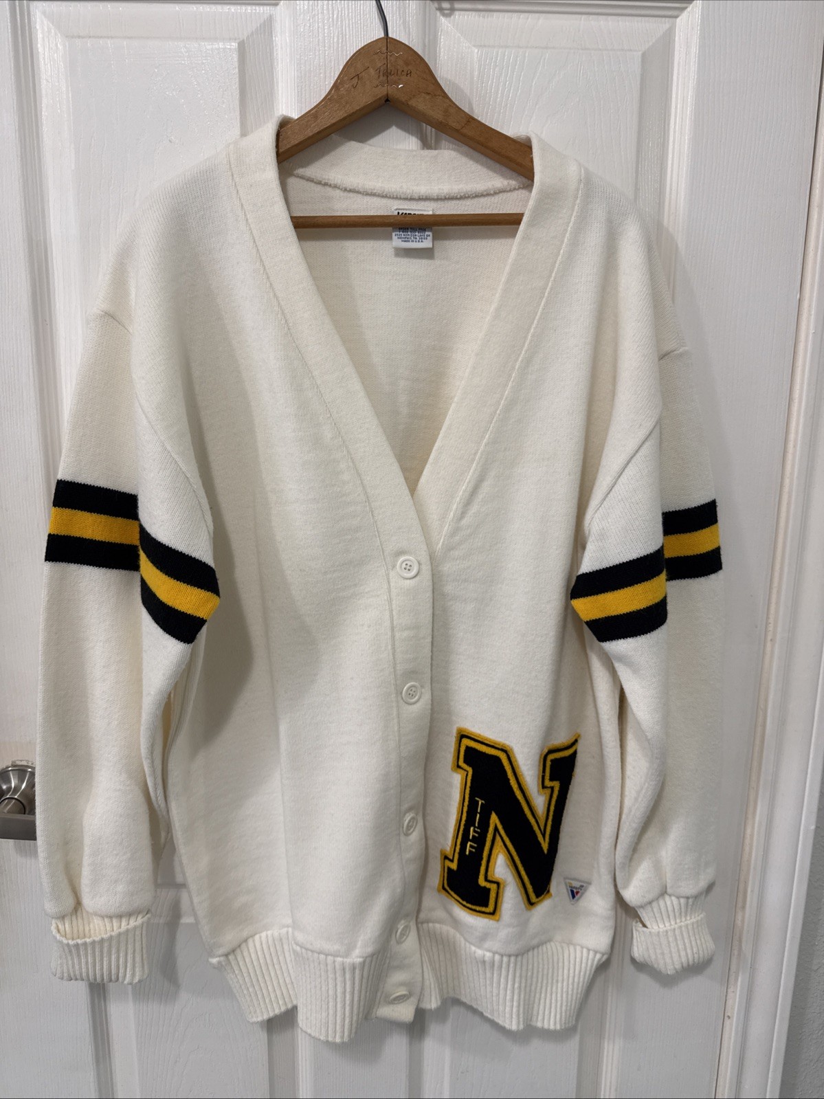 Vintage Varsity Letterman Sweater Black Yellow White Off Stripes Sleeve Large US