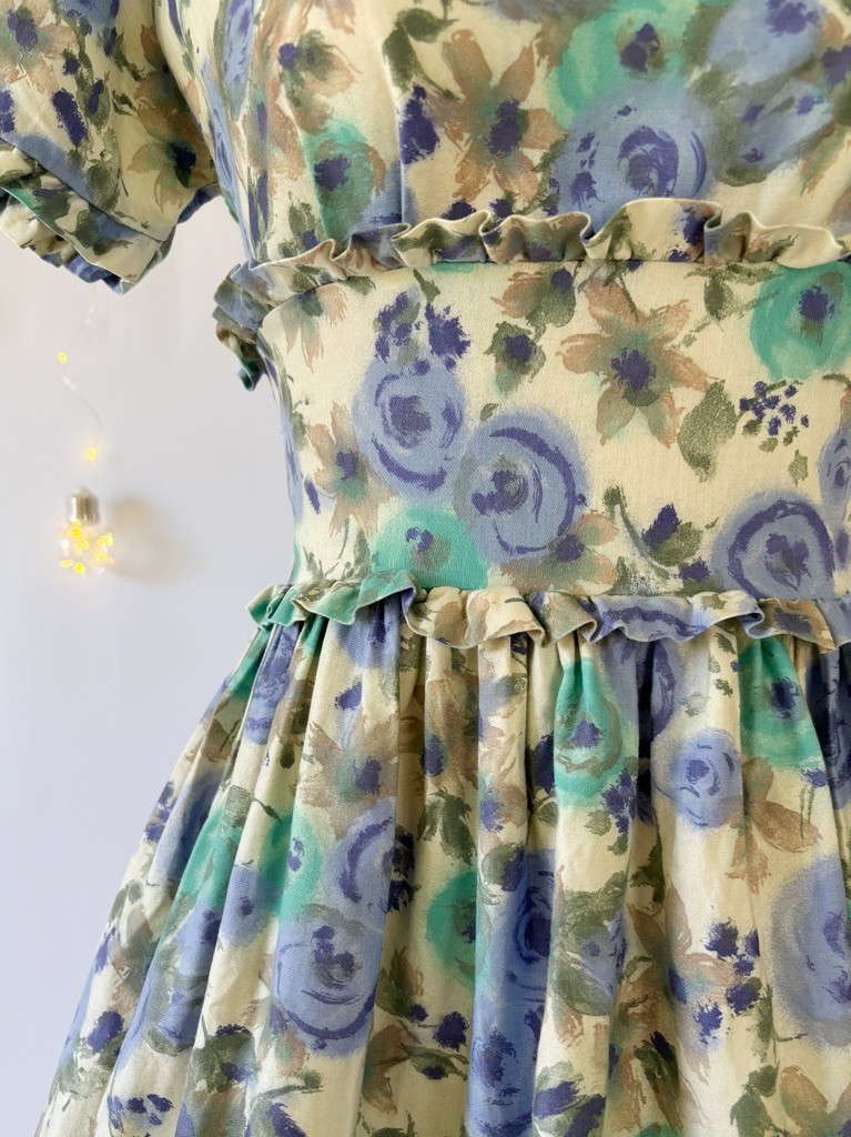 Vtg 50s 60 Blue Watercolor Floral Print Fit Flare Dress Short Sleeve Ruffles XS
