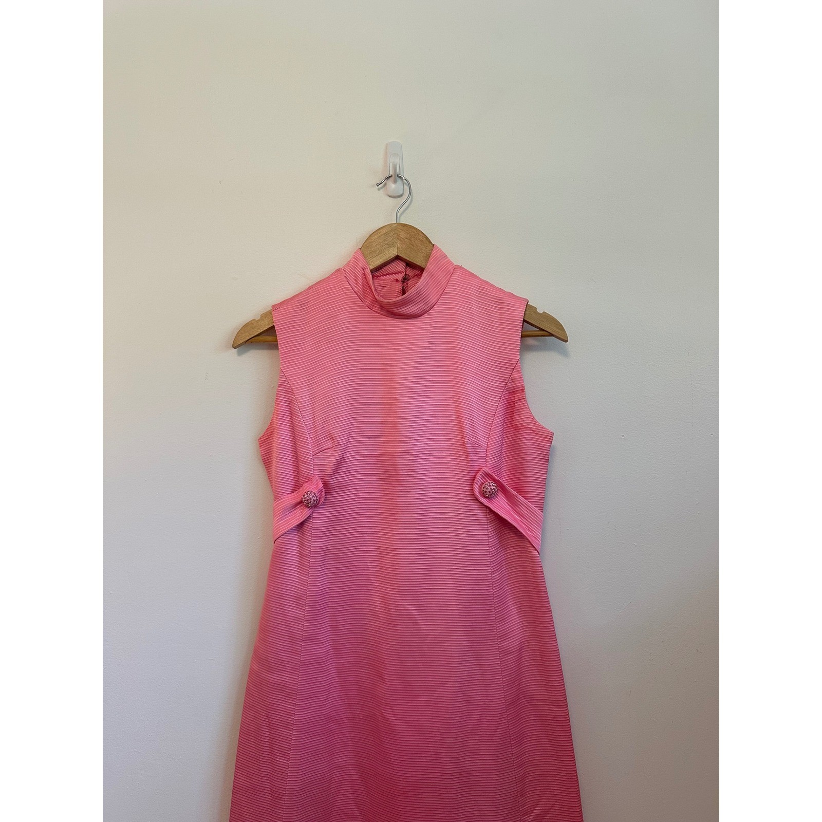 Vintage 70s Pink Ribbed Mock Neck Rhinestone Button Column Gown
