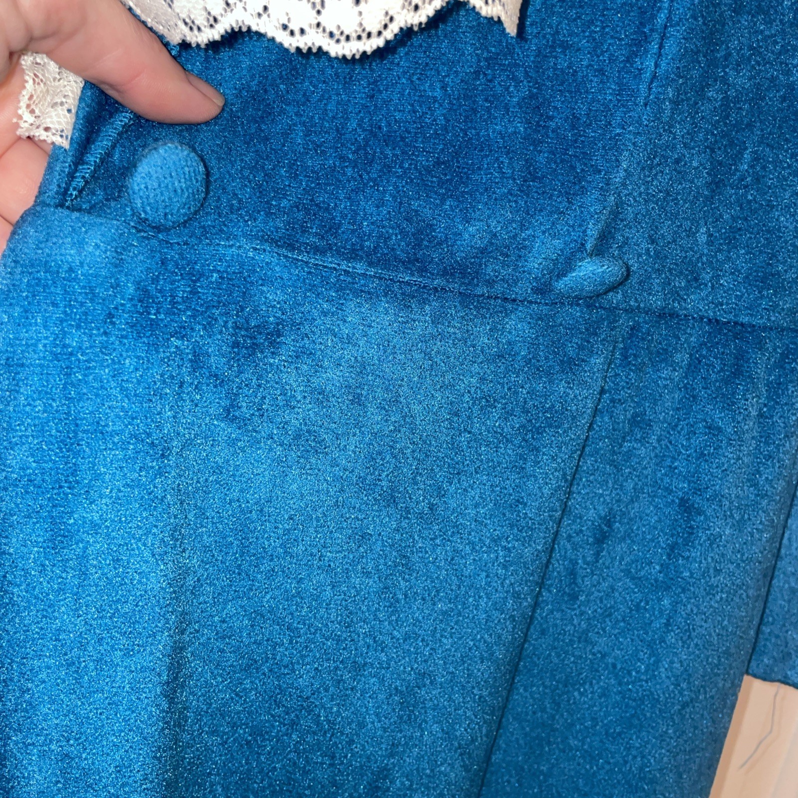 Vintage Teal Velvet Long Housecoat Lace Trim Grandma Granny Nostalgia M 12-14