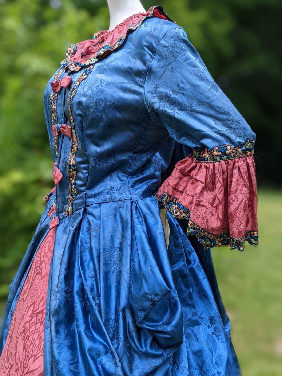 MOST BEAUTIFUL ANTIQUE BLUE SILK POLONAISE COSTUME DRESS IN 18TH C STYLE