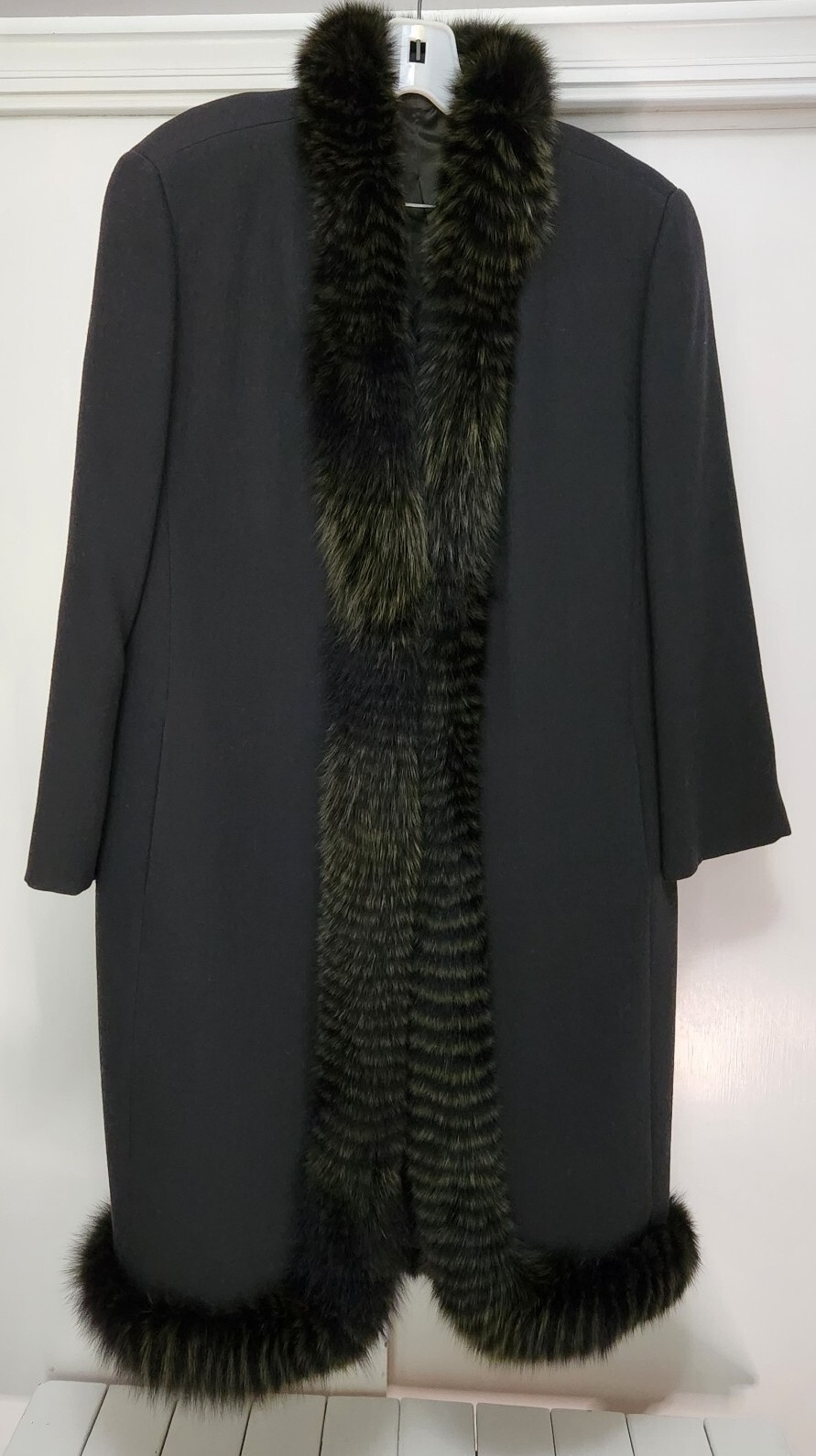 Anna Linder 1980s Vintage Green Long Wool Dress Coat w Green Fur Trim ALTERED L