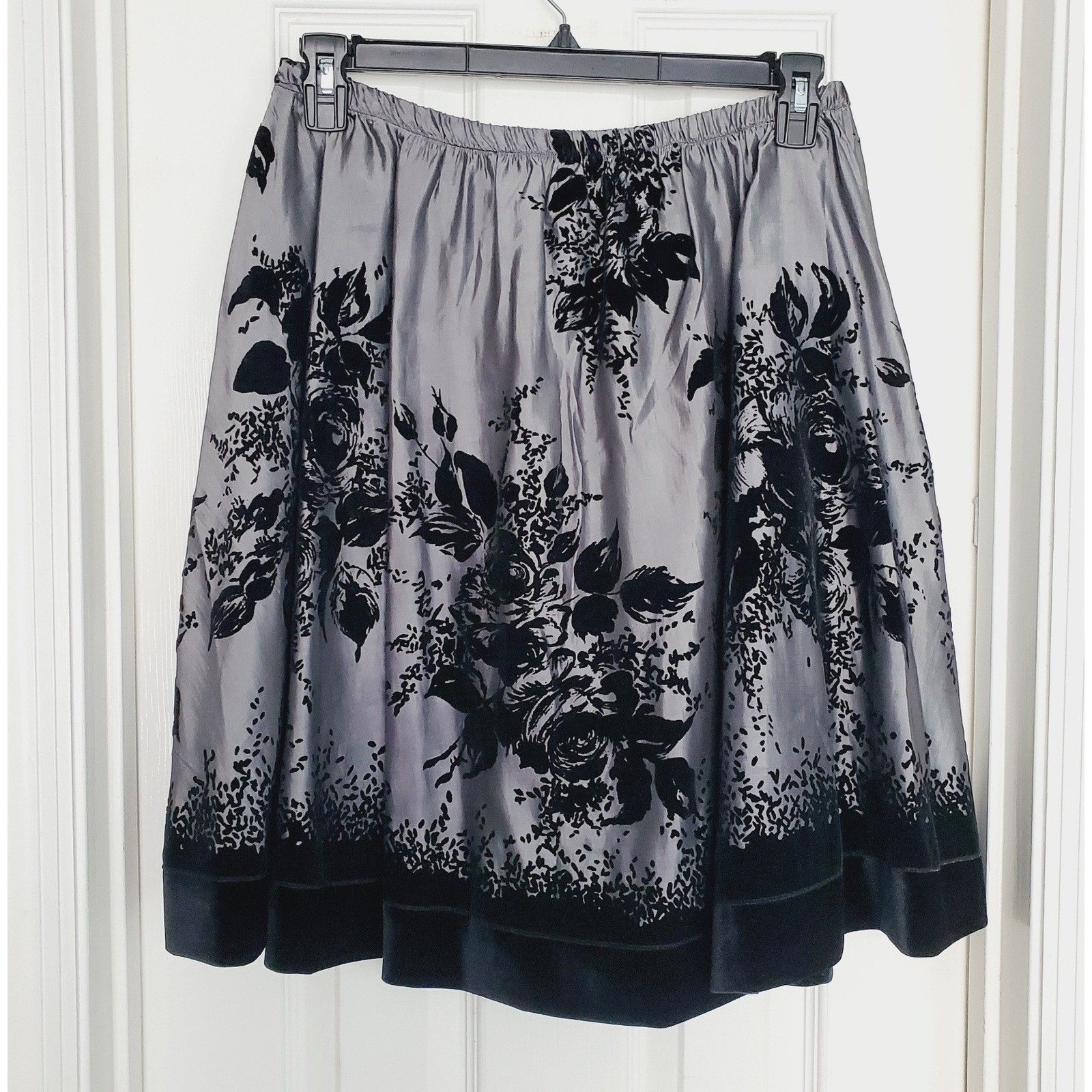 Whimsigoth A-Line Skirt Gray Black Floral Velvet Trim Made in USA Coquette L