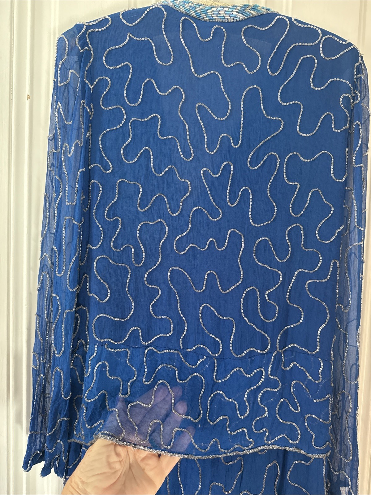 Vintage 80s Glam Cassis- Blue & Silver Hand Beaded Silk Midi Dress – Size M