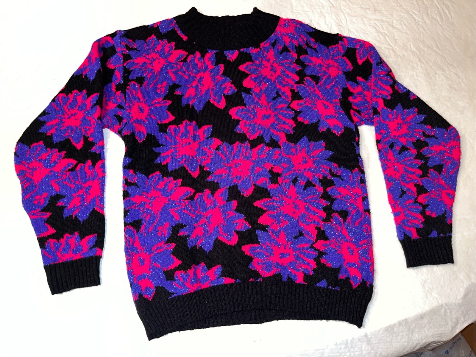 vtg 1980s Spunky USA MADE womens Medium knit sweater floral pink purple METALLIC