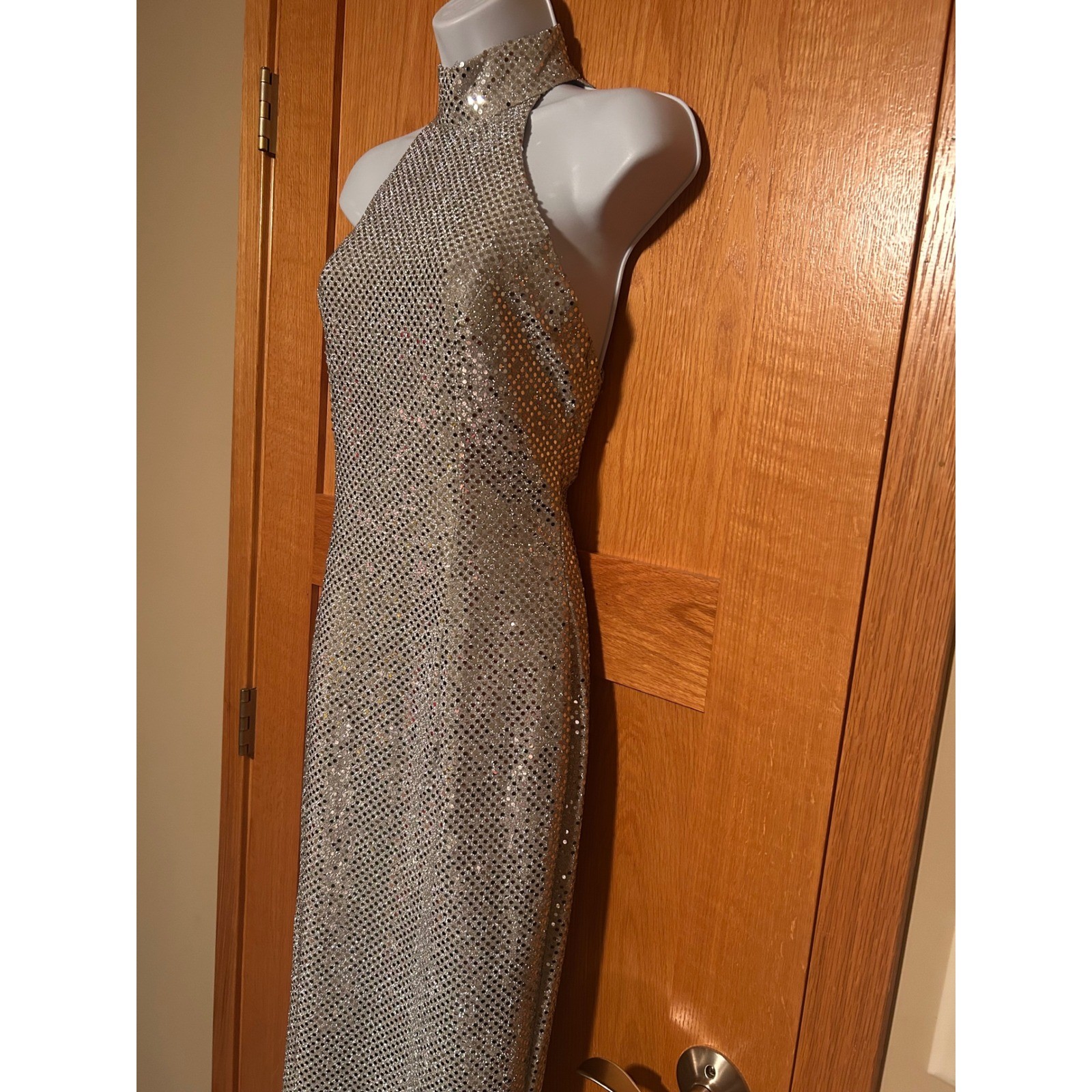NEW Vintage 90s Roberta Silver Sequin Halter Maxi Dress Mock Neck Open Back XS
