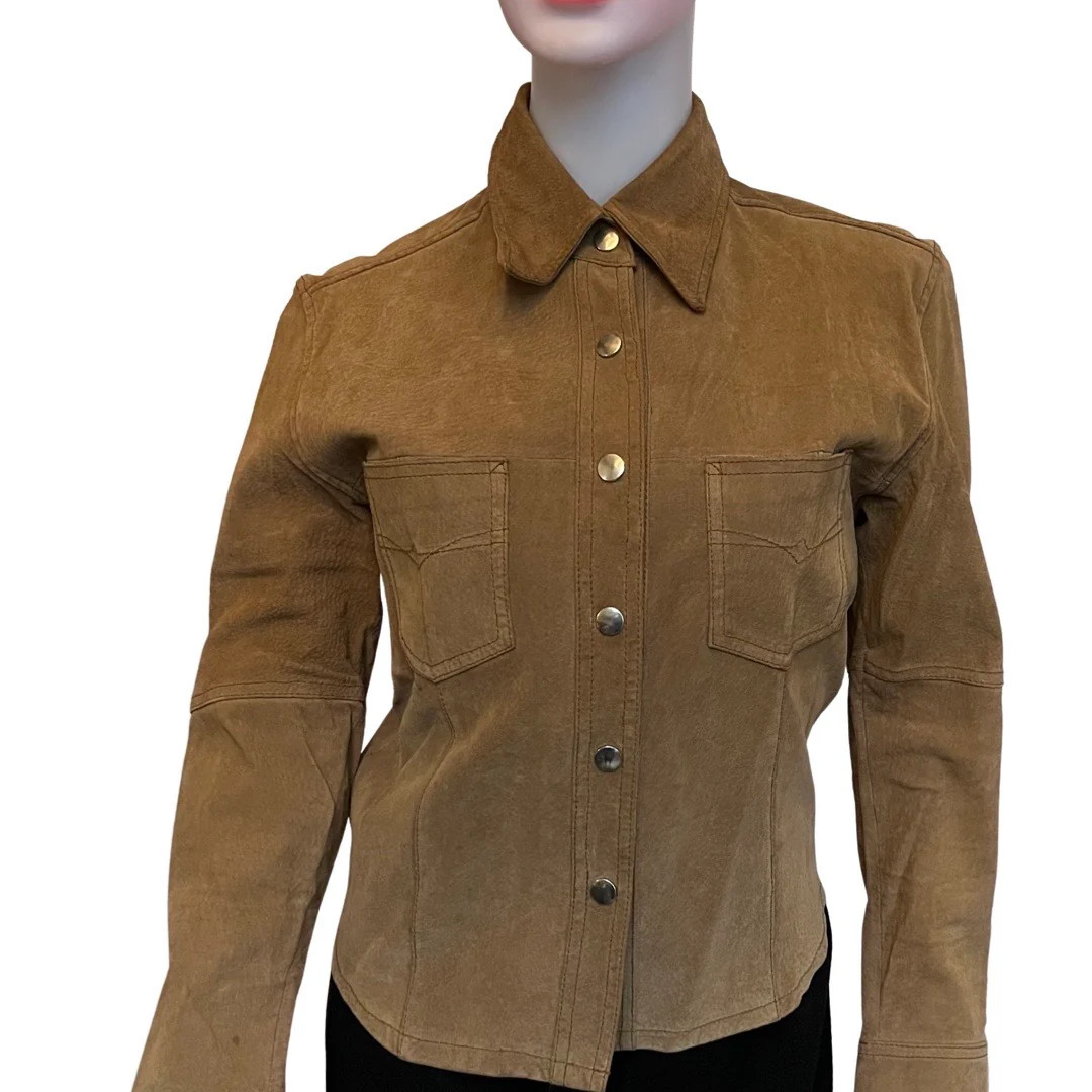 Vintage 1970s Camel Colored Western Suede Button Down Shirt Sz XS