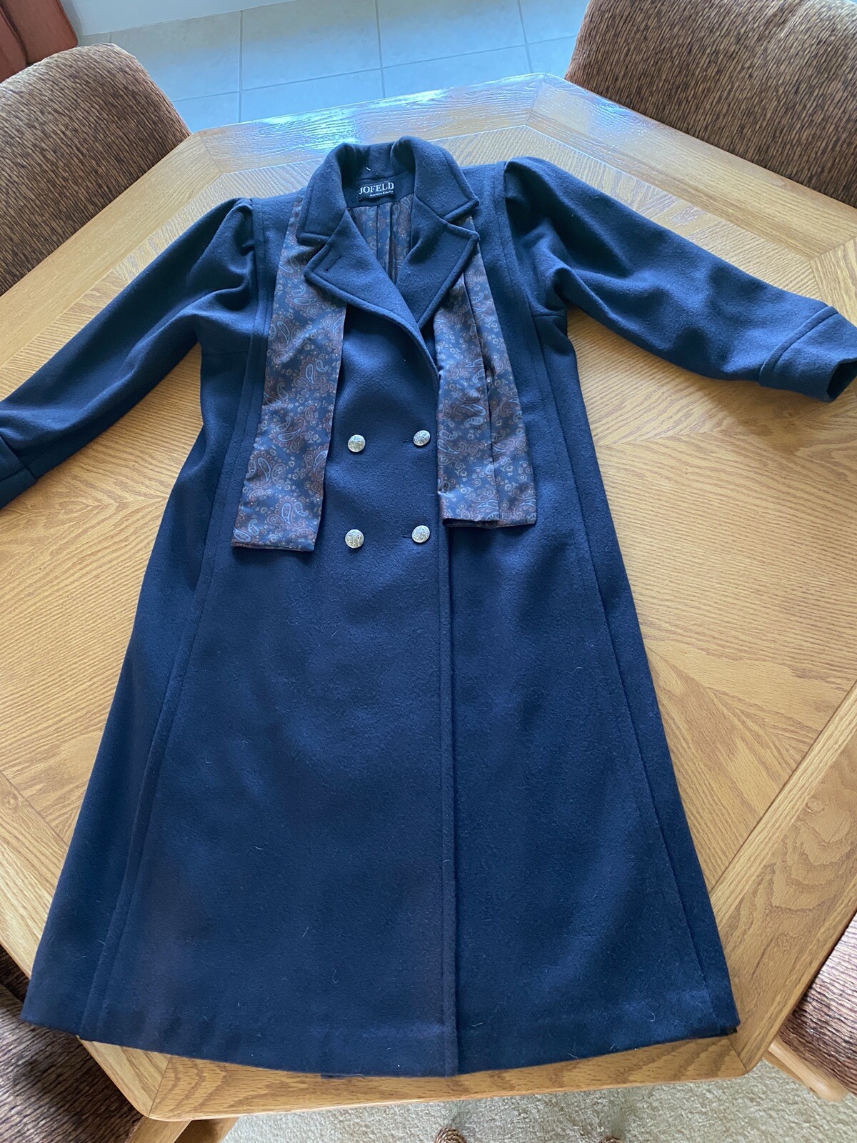 Vintage Jofeld by Forstmann Coat Wool Navy Double Breasted Scarf Pockets Size M