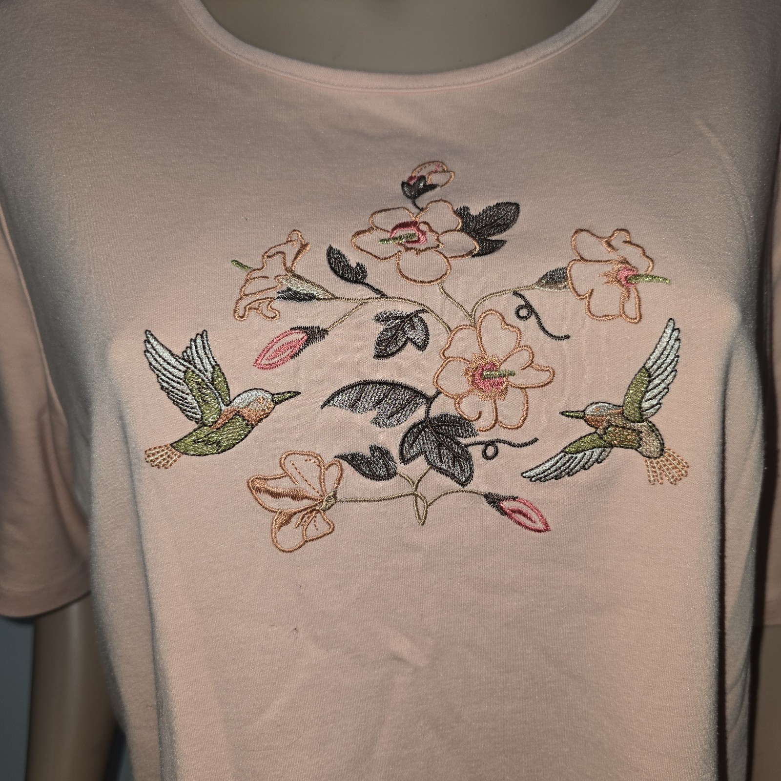 VTG Bon Worth Hummingbird Floral Embroidered Granny Shirt Retro Casual Relaxed