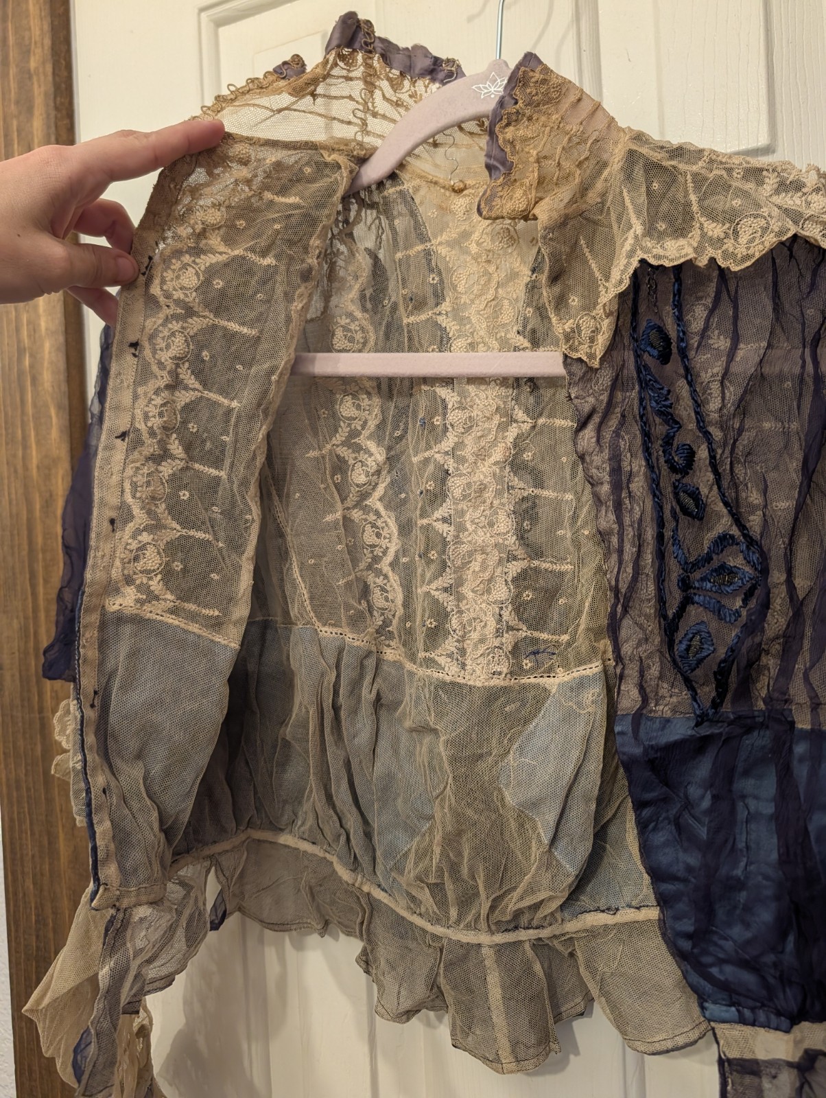 Antique Edwardian Cream Lace Blue Satin XS Women’s Blouse Handmade Bow Details