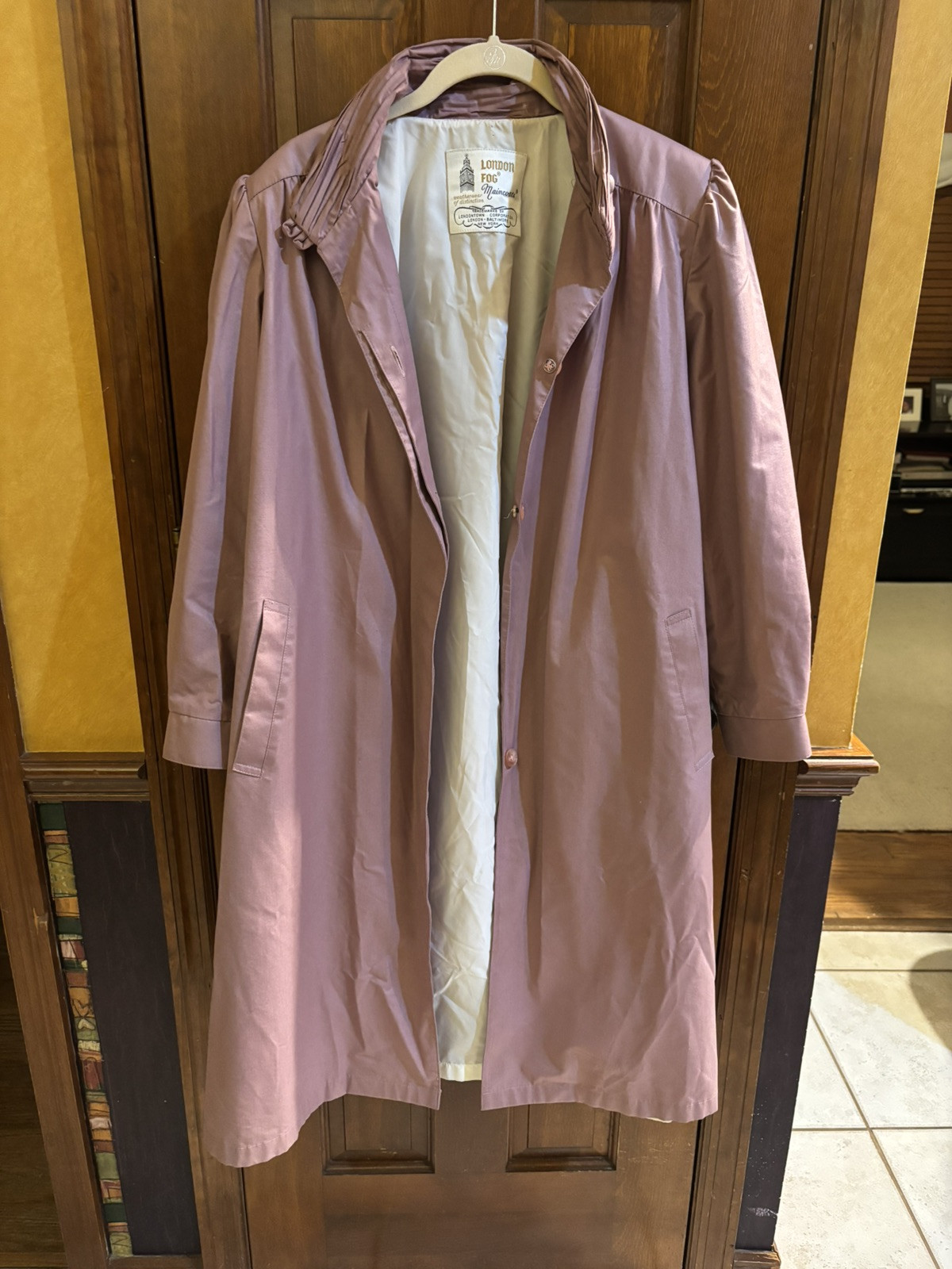 Vintage 70s 80s London Fog Trench Coat Ruched Collar Dusty Rose Lilac 12 Petite