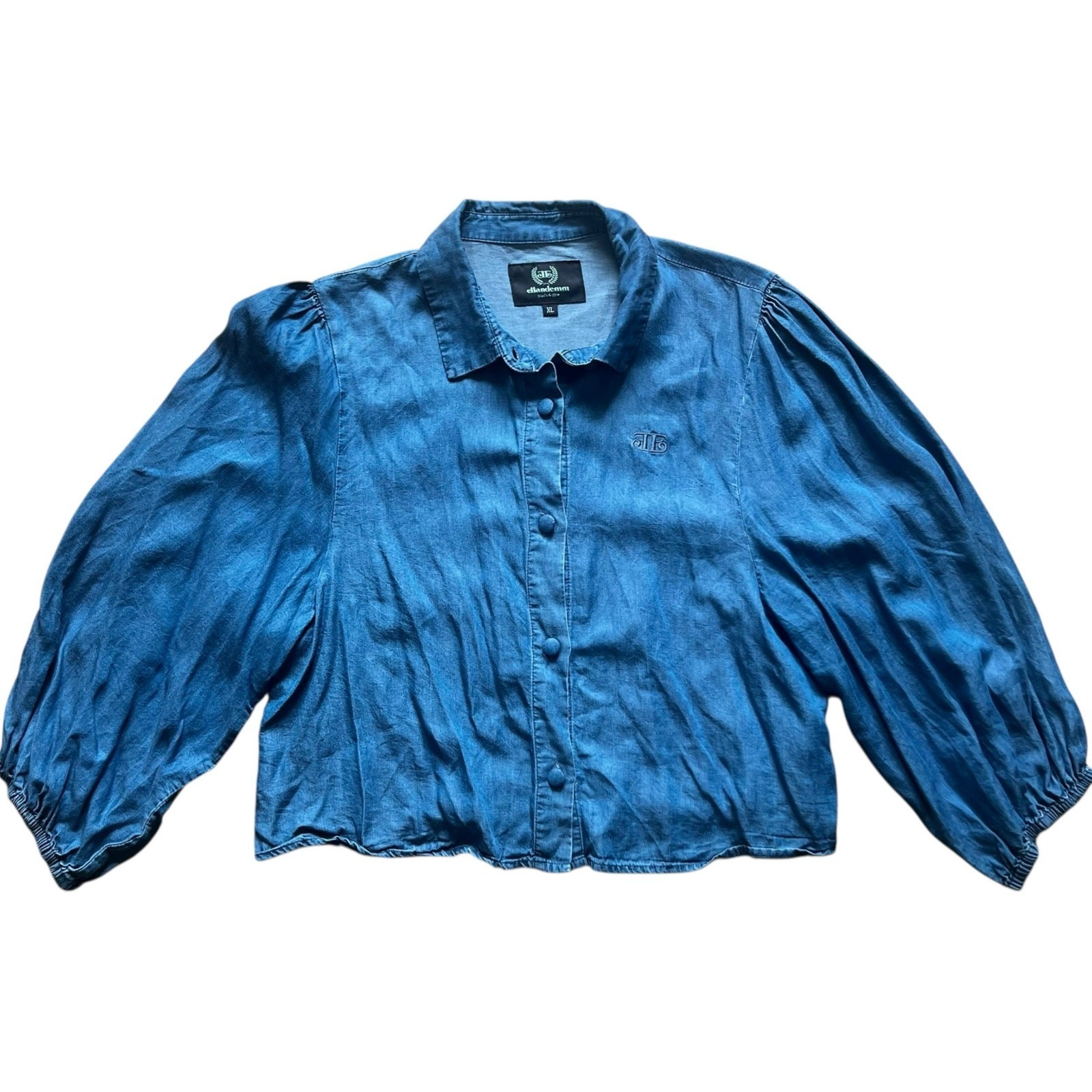 Ellandemm Tencel Denim Two Piece Set Blue Puff Sleeve Crop Top Shorts XL 2XL