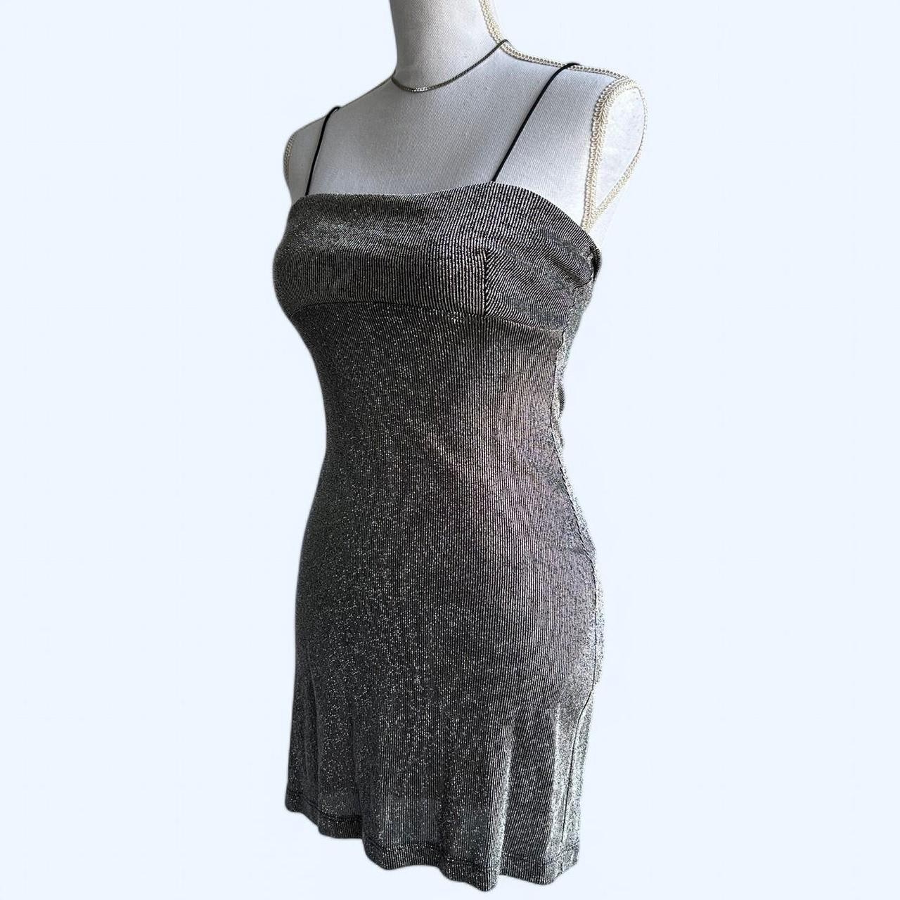 vtg 90s Metallic Silver Mini Dress Shimmery Spaghetti Strap Y2K Party Clubwear S